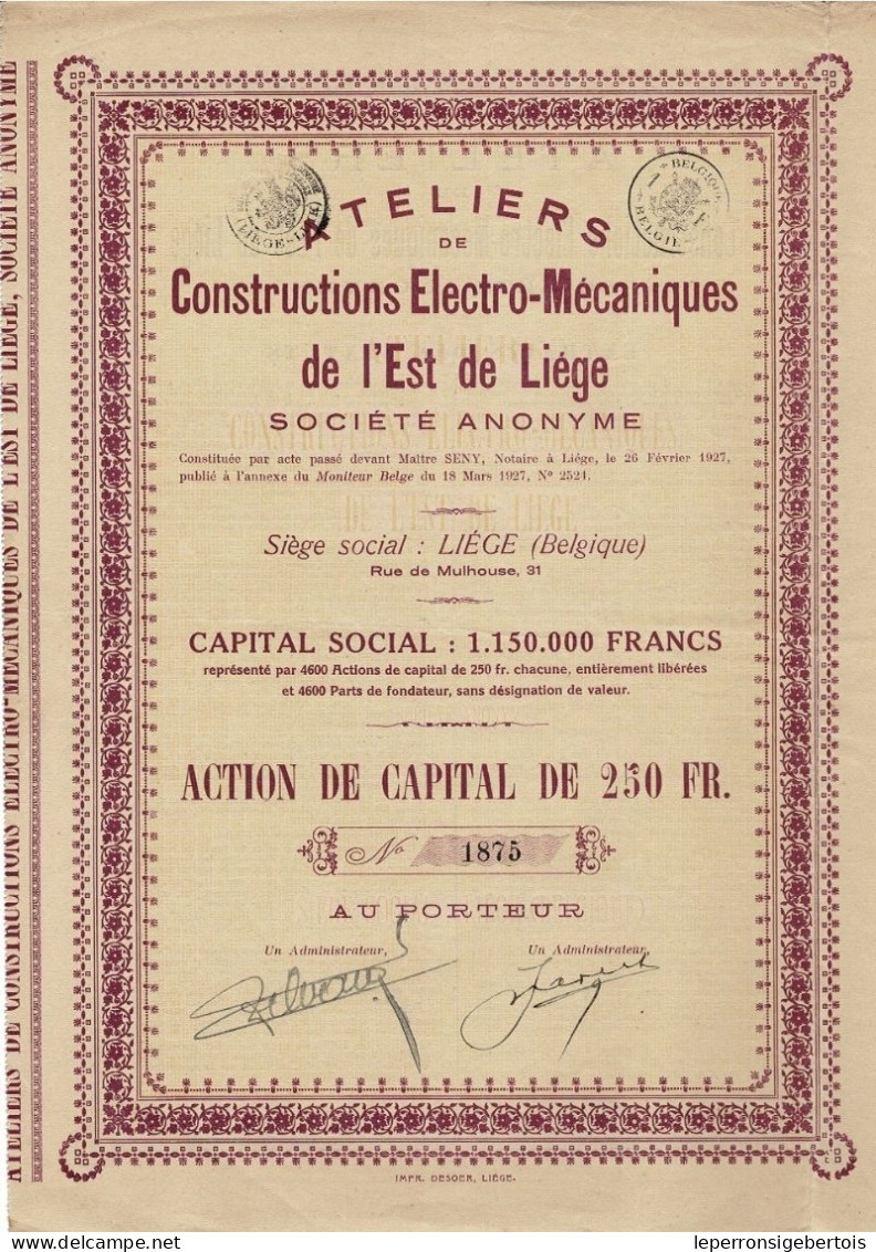 - Titre De 1927 -  Ateliers De Constructions Electro-Mécaniques De L'Est De Liège  - - Industrie