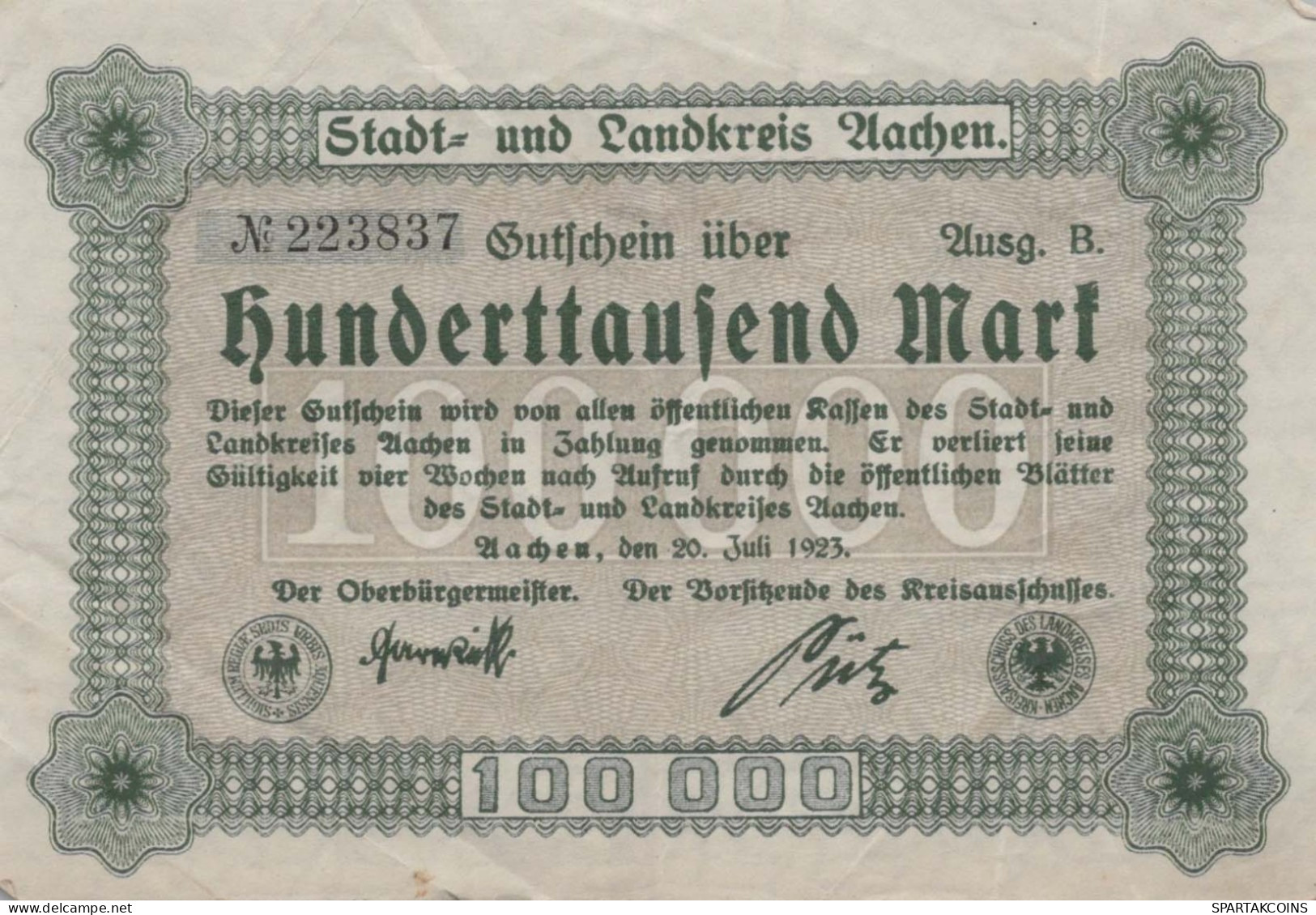 100000 MARK 1923 Stadt AACHEN Rhine DEUTSCHLAND Papiergeld Banknote #PK989 - [11] Emissions Locales
