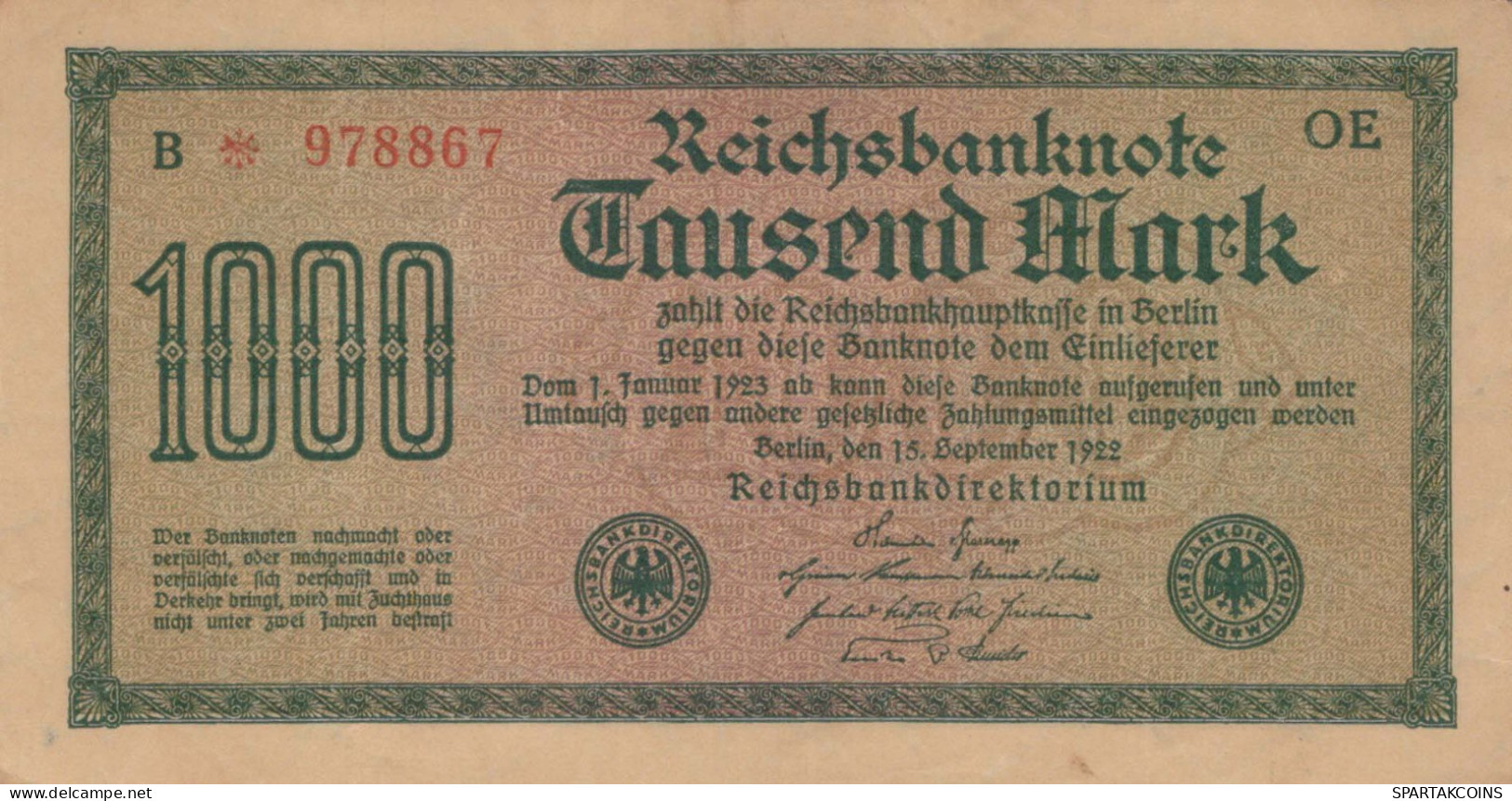 1000 MARK 1922 Stadt BERLIN DEUTSCHLAND Papiergeld Banknote #PL461 - [11] Local Banknote Issues