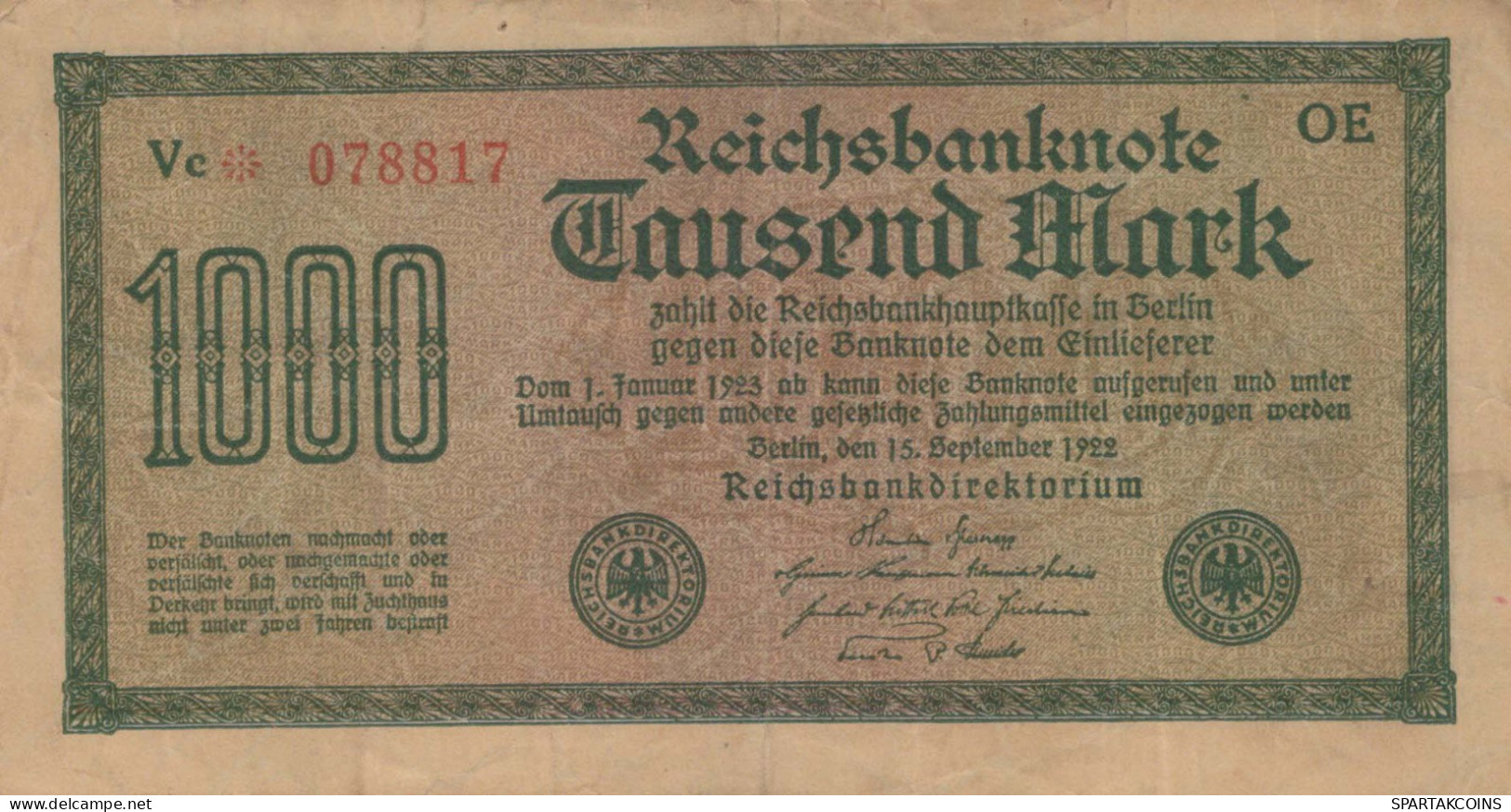 1000 MARK 1922 Stadt BERLIN DEUTSCHLAND Papiergeld Banknote #PL448 - [11] Local Banknote Issues