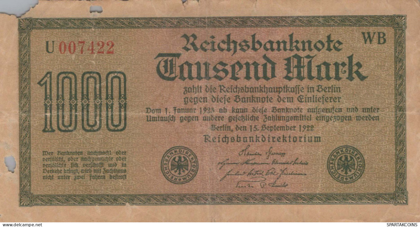 1000 MARK 1922 Stadt BERLIN DEUTSCHLAND Papiergeld Banknote #PL439 - [11] Local Banknote Issues