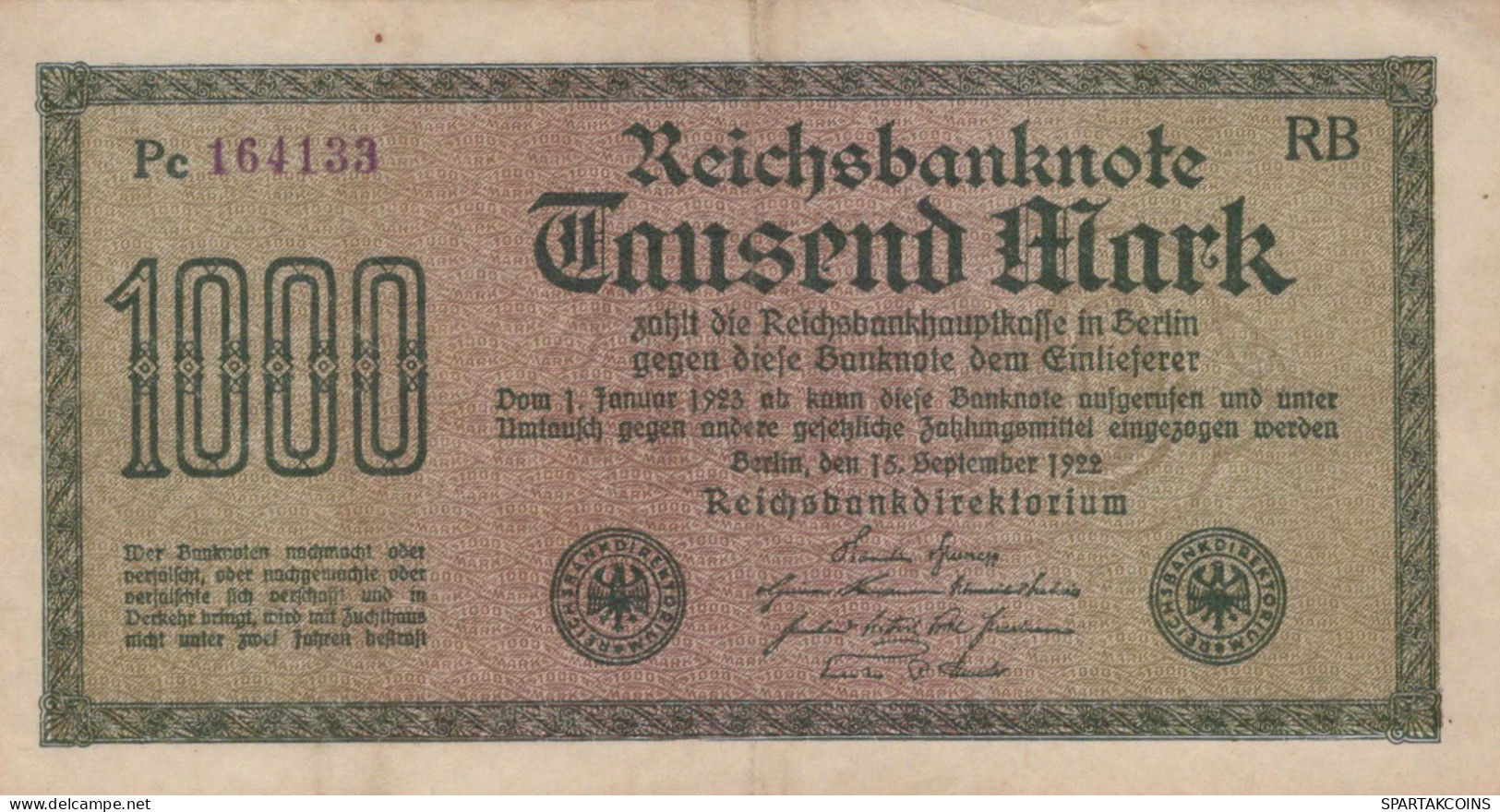 1000 MARK 1922 Stadt BERLIN DEUTSCHLAND Papiergeld Banknote #PL428 - [11] Local Banknote Issues