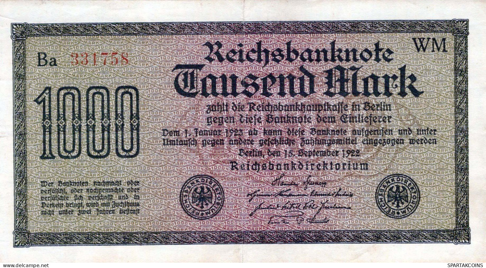 1000 MARK 1922 Stadt BERLIN DEUTSCHLAND Papiergeld Banknote #PL416 - [11] Local Banknote Issues