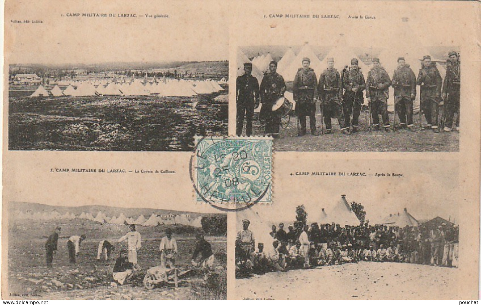 OP 20-(12) CAMP MILITAIRE DU LARZAC - CARTE MULTIVUES : CORVEE DE CAILLOUX , AVANT LA GARDE , APRES LA SOUPE ..- 2 SCANS - La Cavalerie