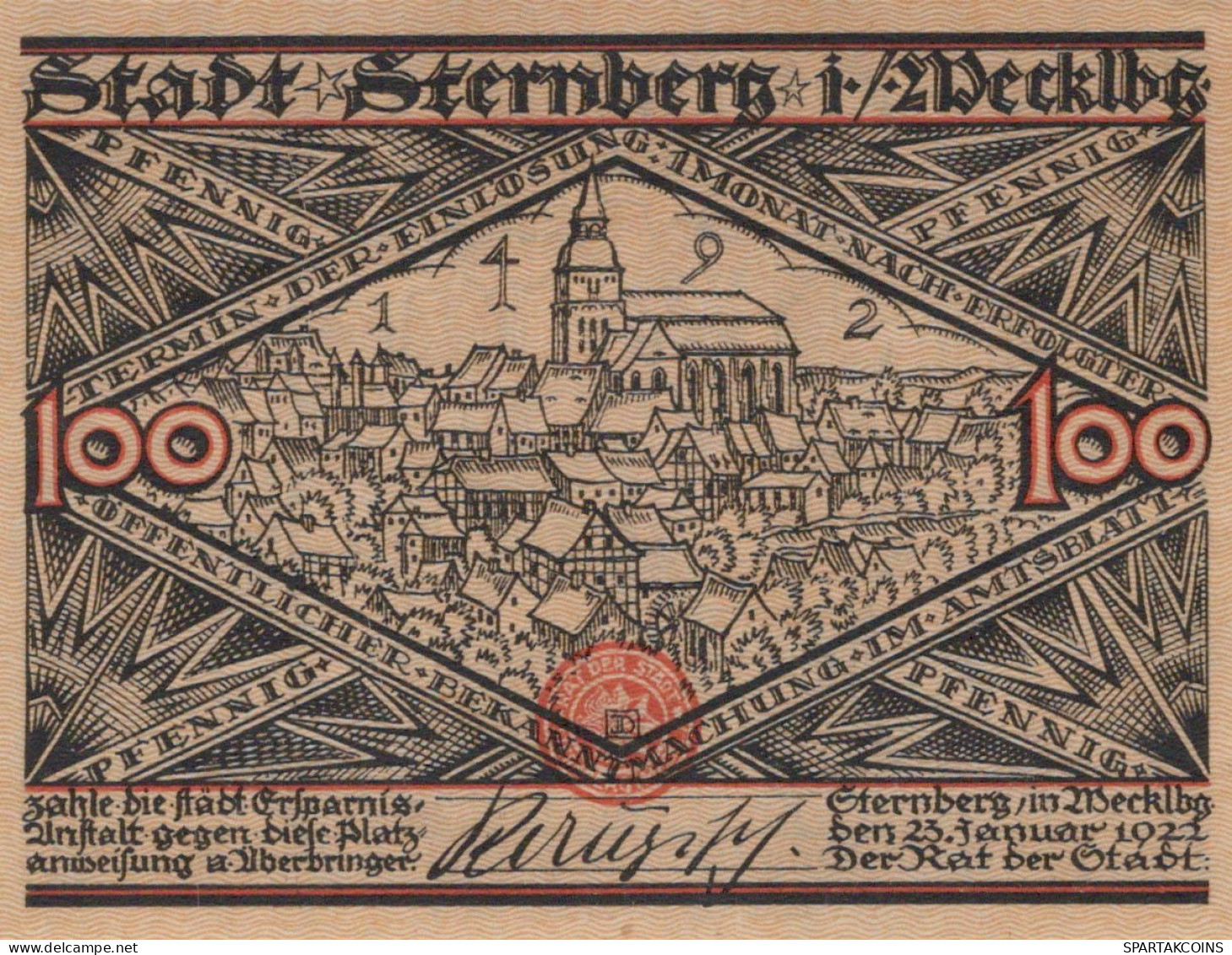 100 PFENNIG 1922 Stadt STERNBERG Mecklenburg-Schwerin UNC DEUTSCHLAND #PJ012 - Lokale Ausgaben