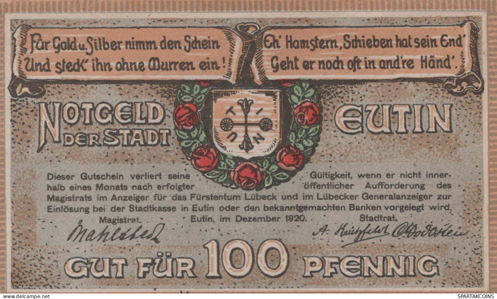 100 PFENNIG 1920 Stadt EUTIN Oldenburg UNC DEUTSCHLAND Notgeld Banknote #PB399 - [11] Emissions Locales