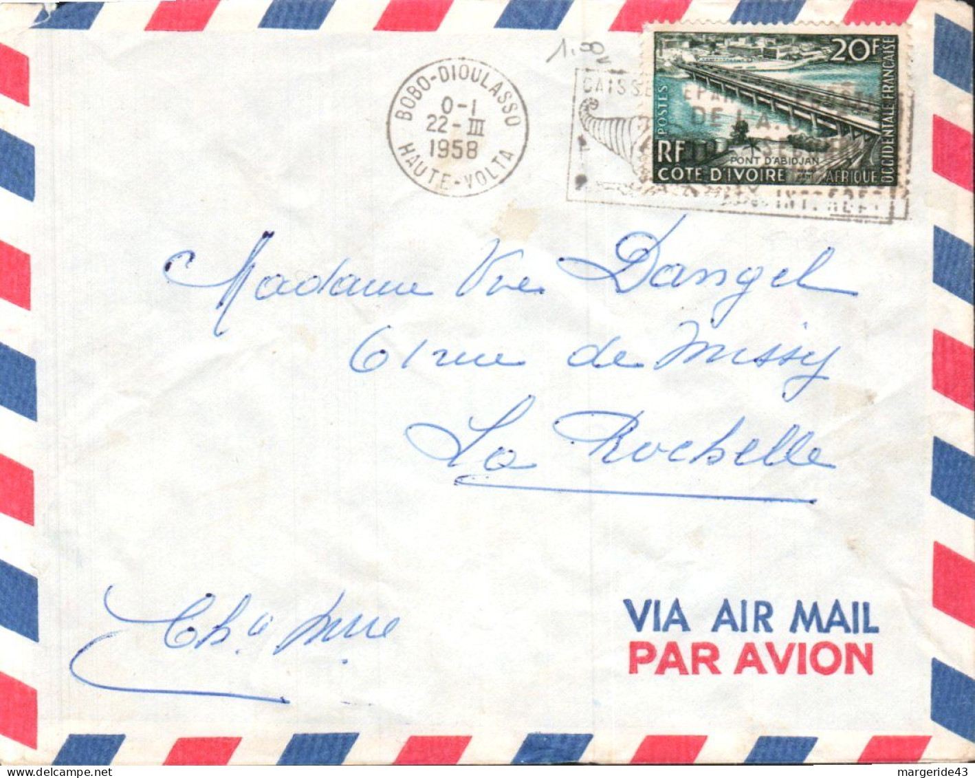 COTE D'IVOIRE SEUL SUR LETTRE POUR LA FRANCE 1958 - Côte D'Ivoire (1960-...)