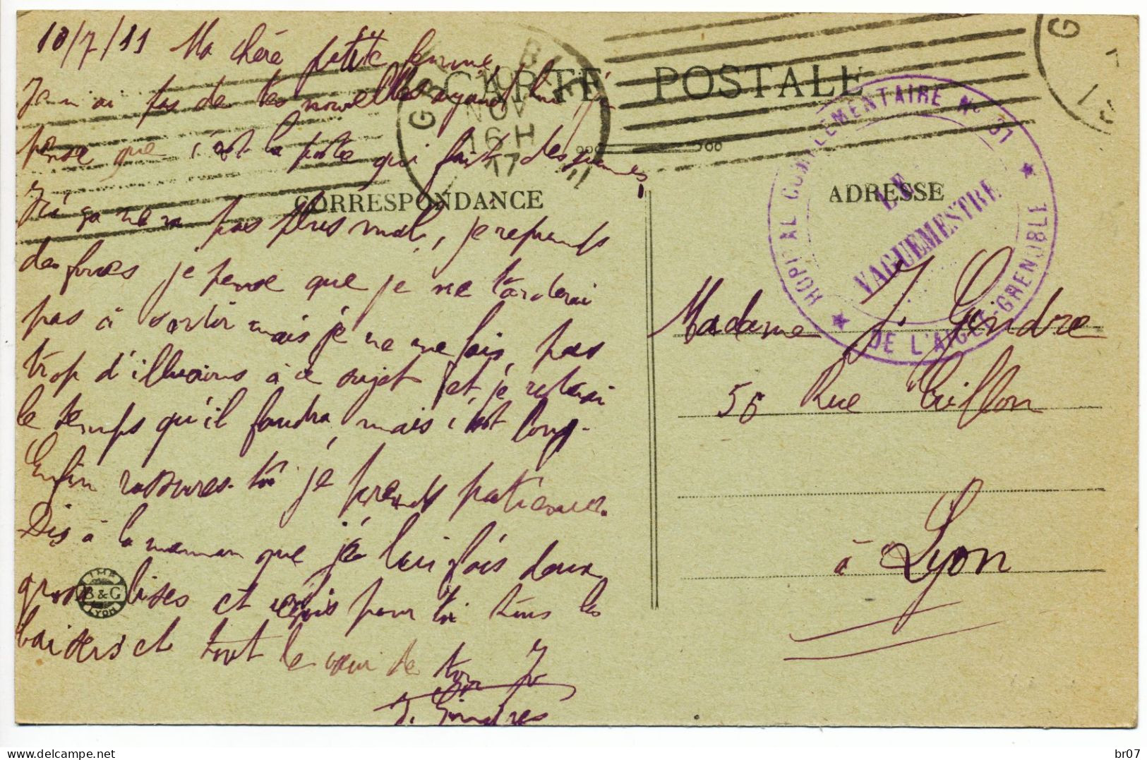 ISERE CP 1917 GRENOBLE HOPITAL COMPLEMENTAIRE N°31 HOPITAL DE L'AIGLE - WW I