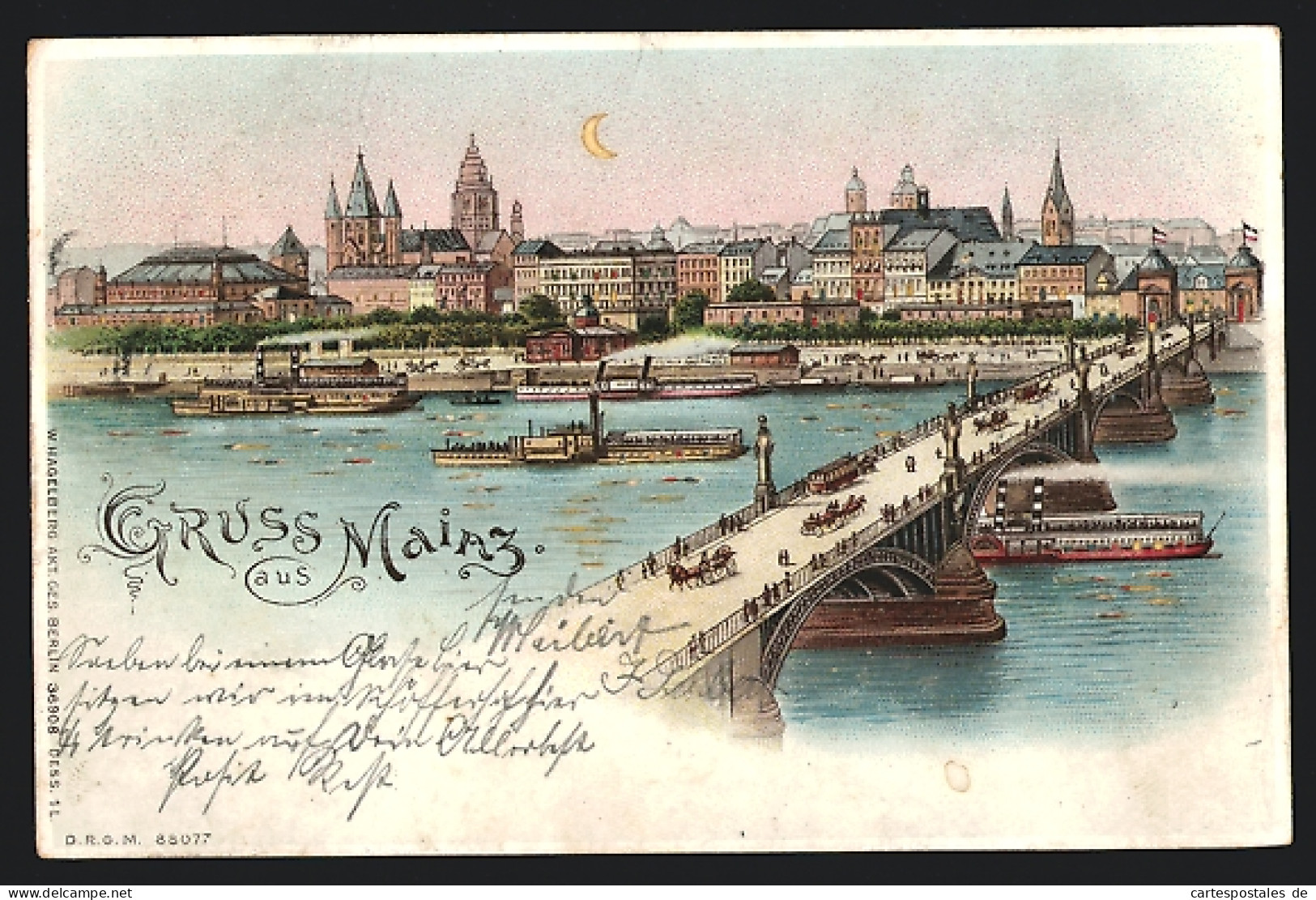 Lithographie Mainz, Dampfer An Der Rheinbrücke: Halt Gegen Das Licht: Häuser Der Stadt Mit Beleuchteten Fenstern  - Mainz