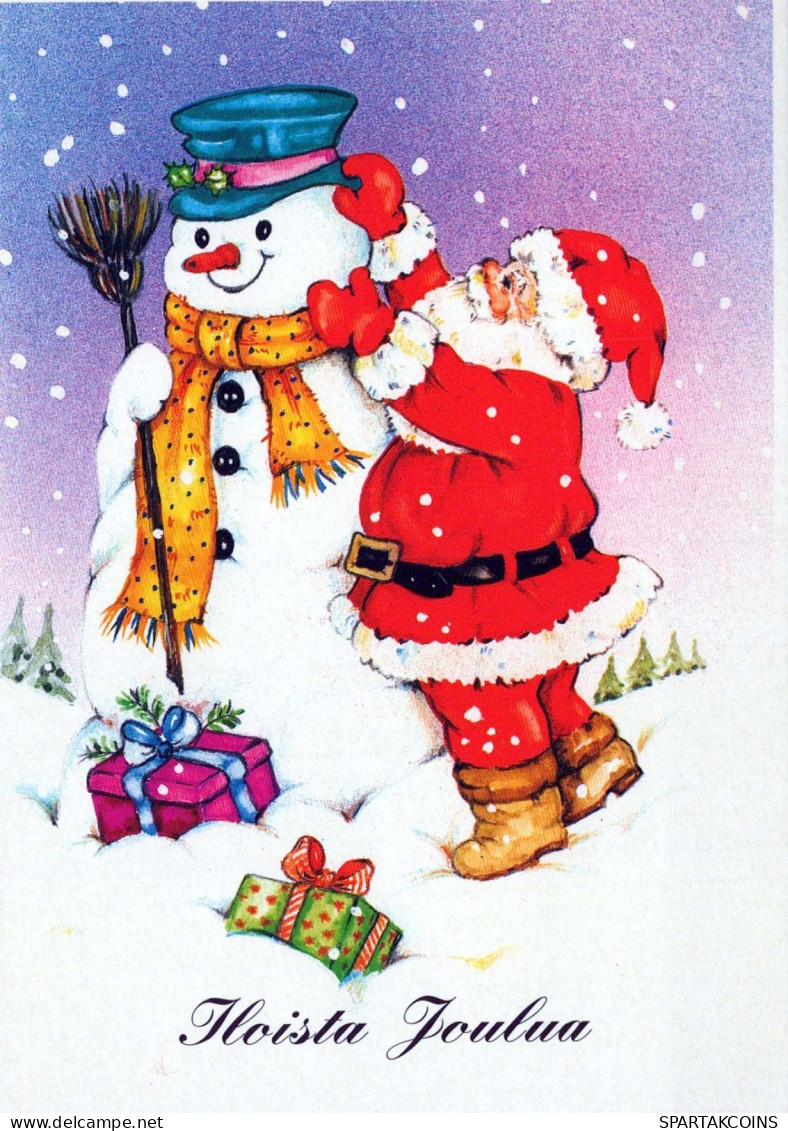 SANTA CLAUS Happy New Year Christmas SNOWMAN Vintage Postcard CPSM #PAU397.GB - Santa Claus