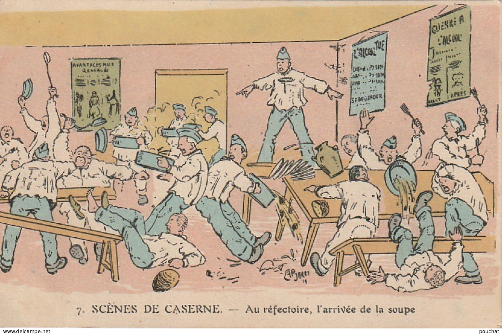 OP 25- SCENES DE CASERNE - AU REFECTOIRE , L' ARRIVEE DE LA SOUPE - ILLUSTRATEUR JARRY - 2 SCANS - Humour