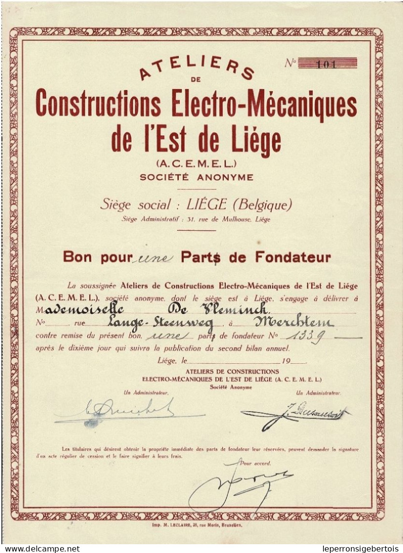 - Titre De 1927 -  Ateliers De Constructions Electro-Mécaniques De L'Est De Liège  - - Industry