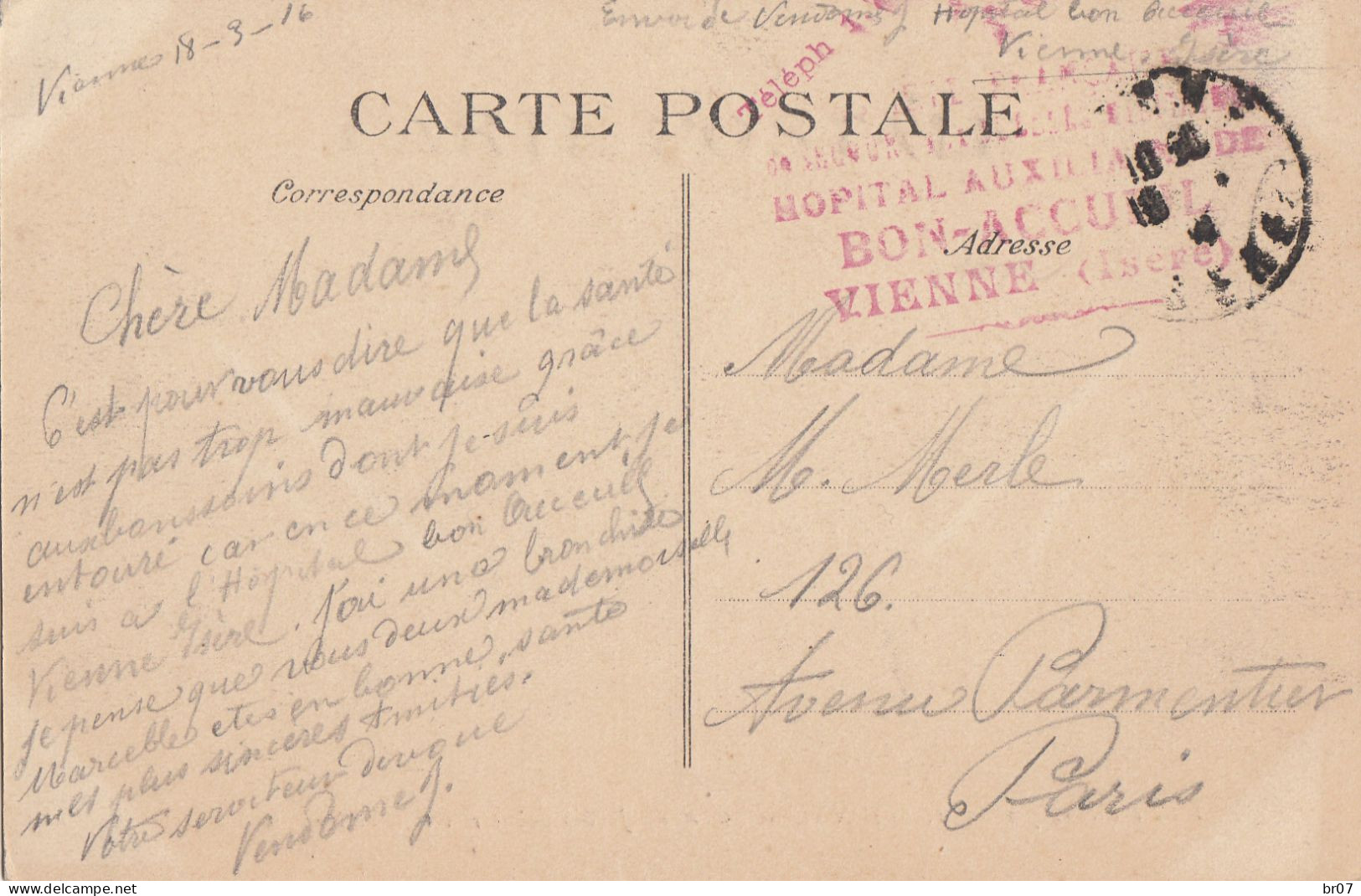 ISERE CP 1916 VIENNE FM HOPITAL AUXILIAIRE DE BON ACCUEIL VIENNE - WW I