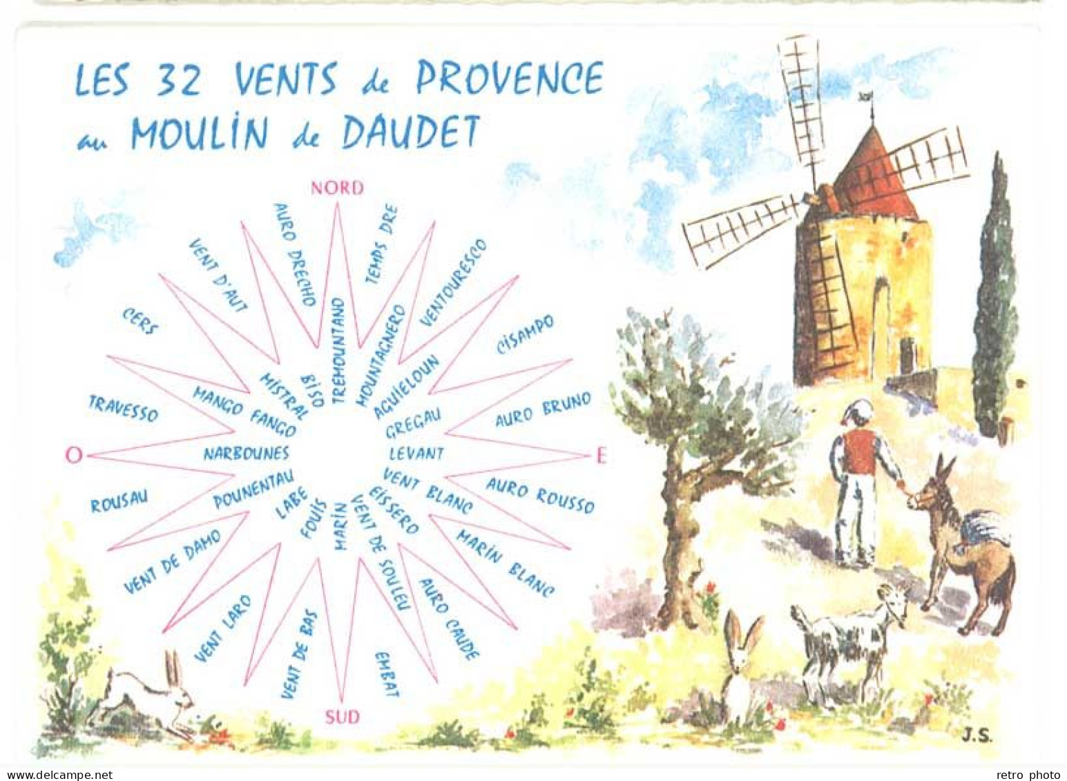 Cpsm Les 32 Vents De Provence Au Moulin De Daudet, Signée J.S. ( âne, Chèvres )    (ILL) - Other & Unclassified