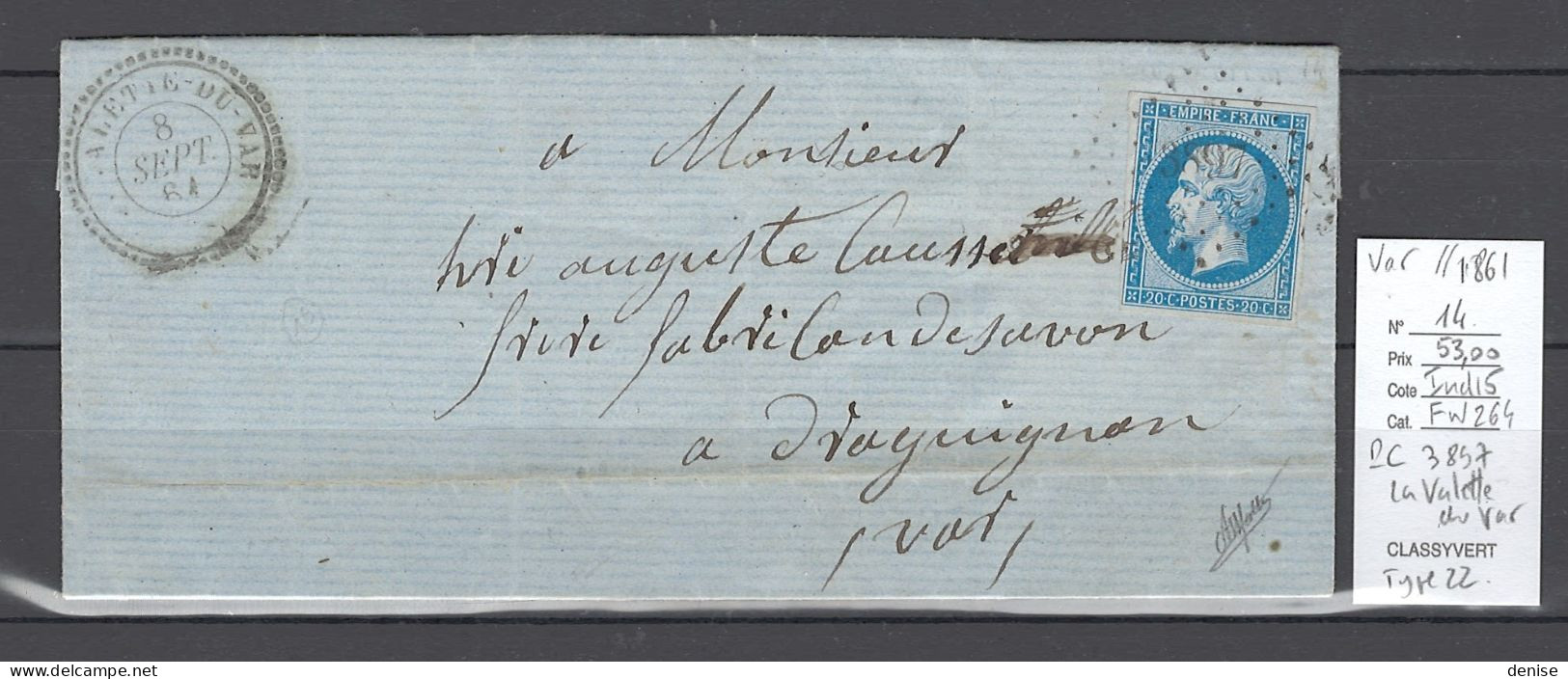 France - Lettre LA VALETTE DU VAR - PC3897 - Type 22 - 1861 - 1849-1876: Période Classique