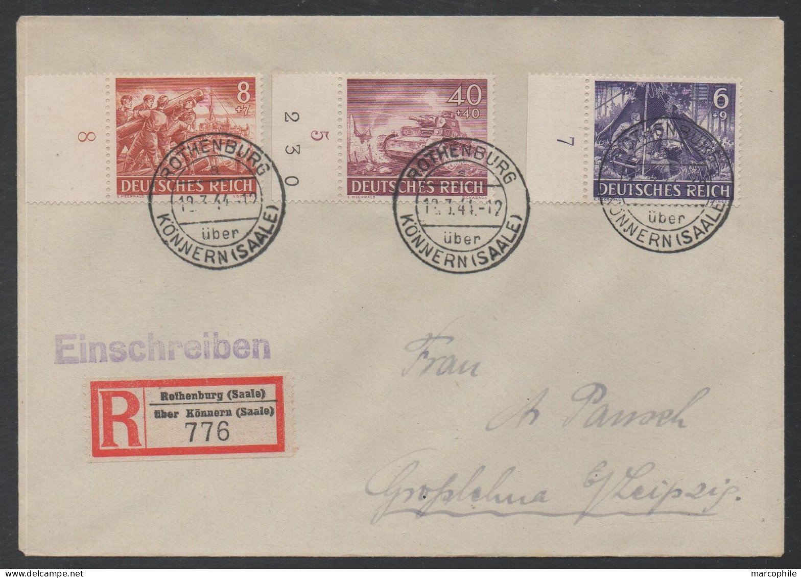 ROTHENBURG - SAALE - III REICH / 1944  Mi # 834/5 & 841 BOGENRAND  AUF R-BRIEF ==> GROSSLEHNA  (ref 8168) - Covers & Documents