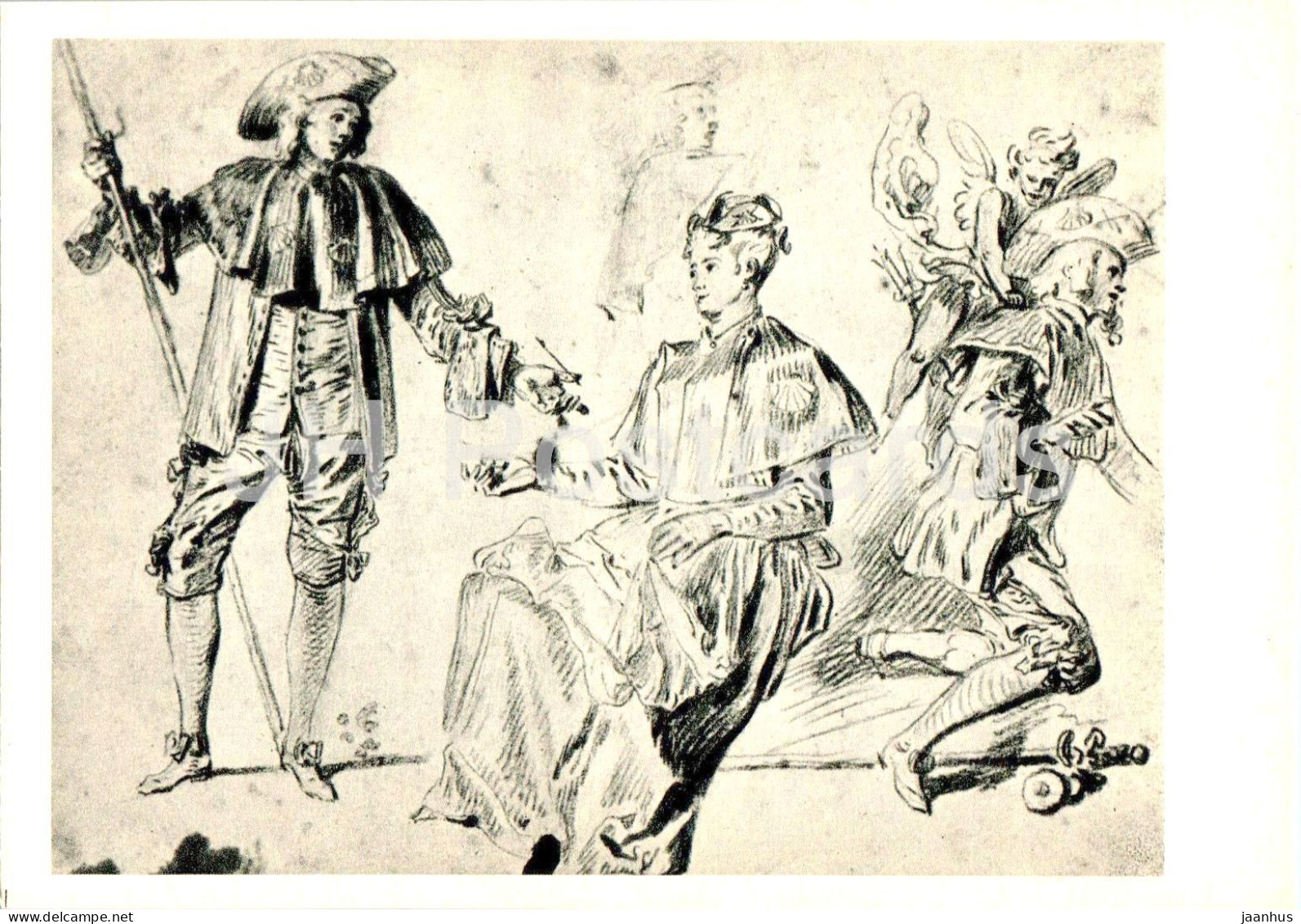 Drawing By Jean-Antoine Watteau - Standing Man With A Stick - French Art - 1967 - Russia USSR - Unused - Peintures & Tableaux