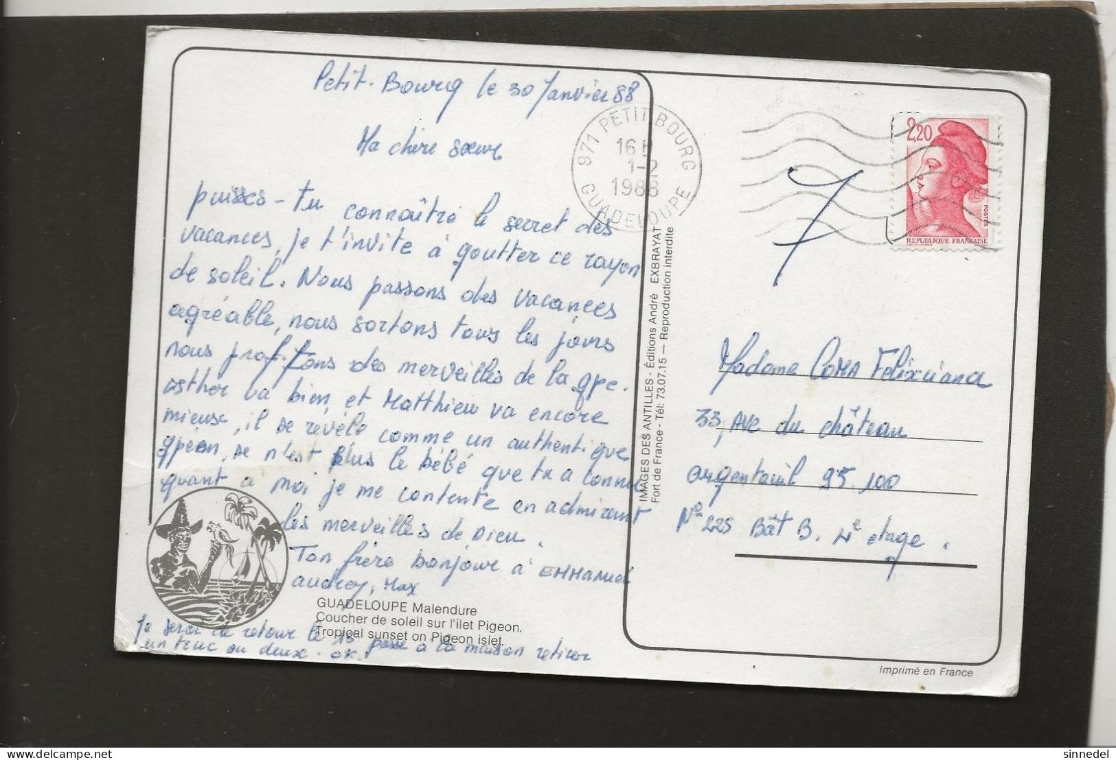 2.20 FRS LIBERTE ROUGE OBLITERATION 1988 GUADELOUPE 971 PETIT BOURG    VOIR SCAN POUR ETAT - Lettres & Documents