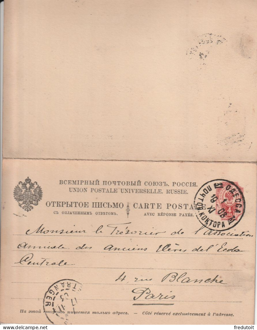 RUSSIE - Entiers Postaux - Odessa Le 13/09/1903 Pour Paris (avec Réponse Payée) - Interi Postali