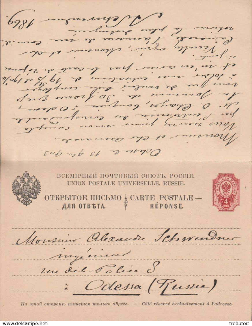 RUSSIE - Entiers Postaux - Odessa Le 13/09/1903 Pour Paris (avec Réponse Payée) - Interi Postali