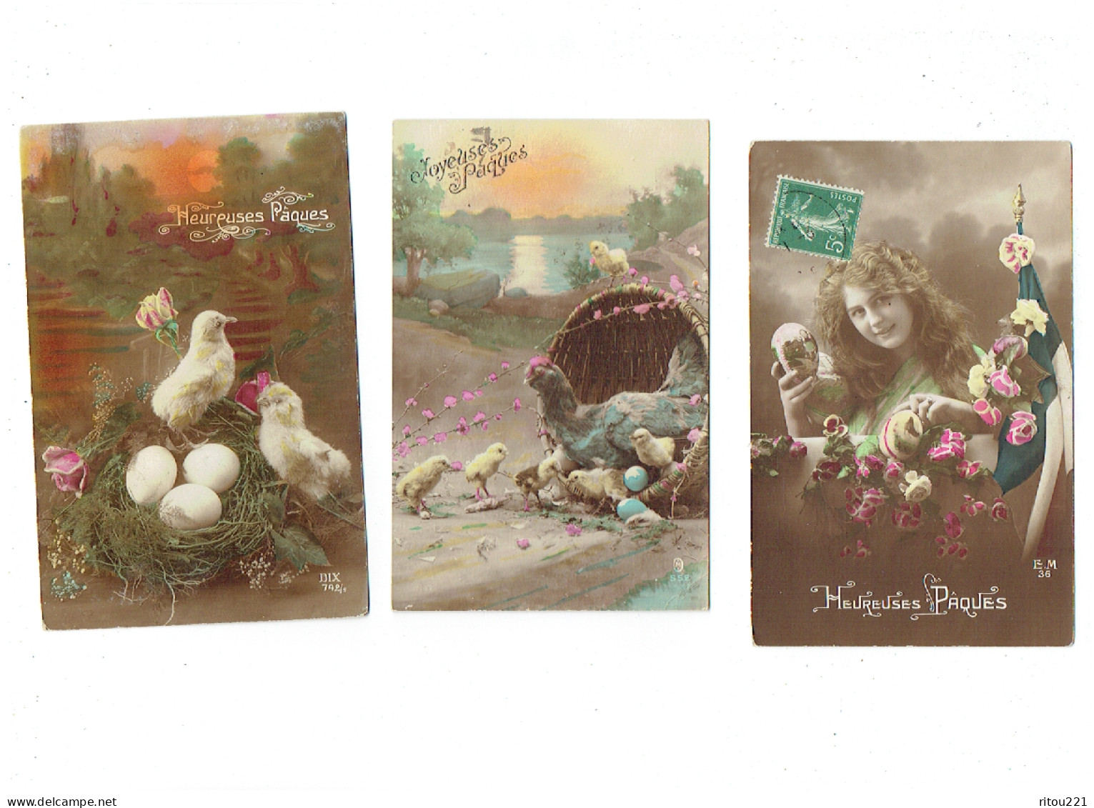 Lot 3 Cpa - Joyeuses Pâques -  -  Fillette œuf Drapeau Poussin Poule - DIX 742/5 - E.M.36 / OM 552 - Ostern