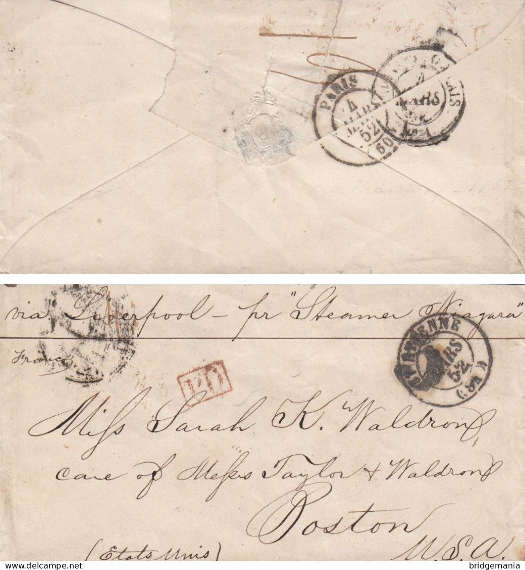 MTM123 - 1852 TRANSATLANTIC LETTER FRANCE TO USA STEAMER NIAGARA - Marcofilie