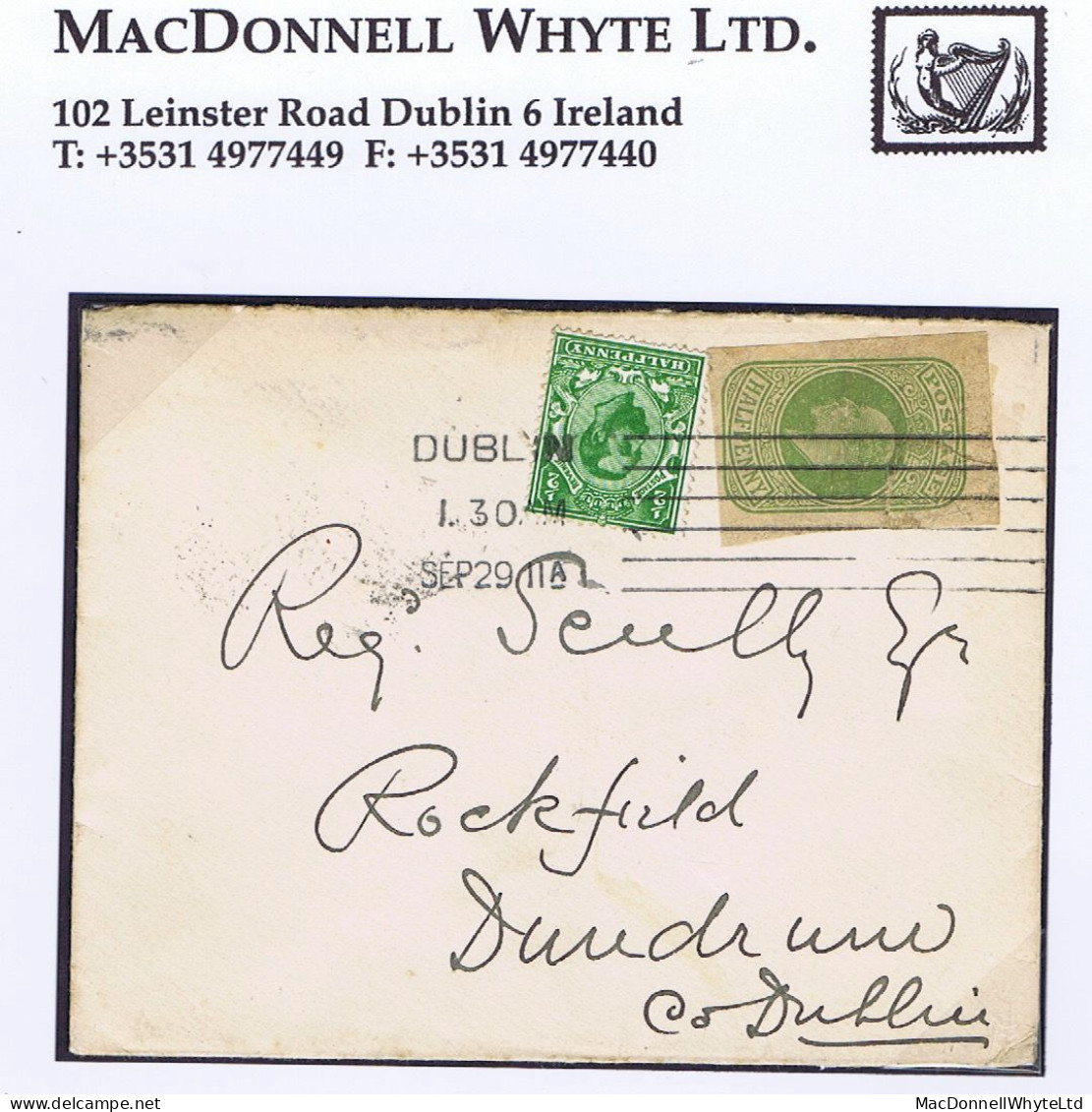Ireland 1911 Combination Franking Of Halfpenny Adhesive Plus Halfpenny Stationery Cut-out On Cover DUBLIN SEP 29 - Other & Unclassified