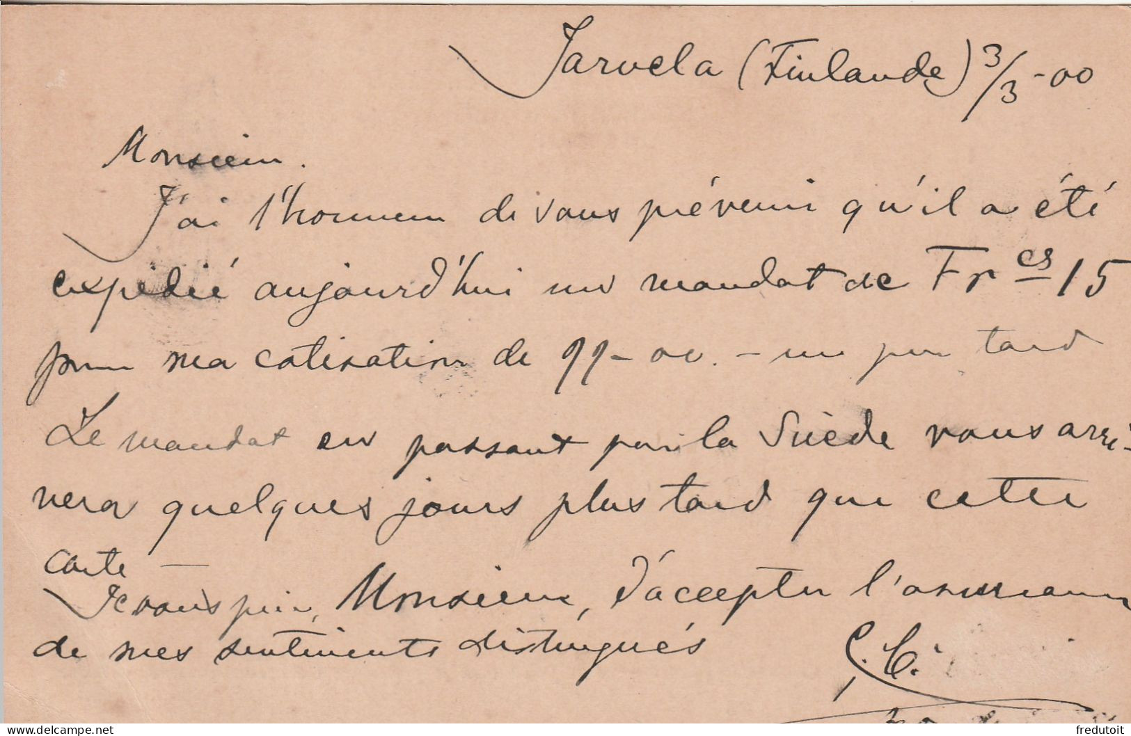 FINLANDE - Entiers Postaux - Jarvela Le 02/03/1900 - Briefe U. Dokumente
