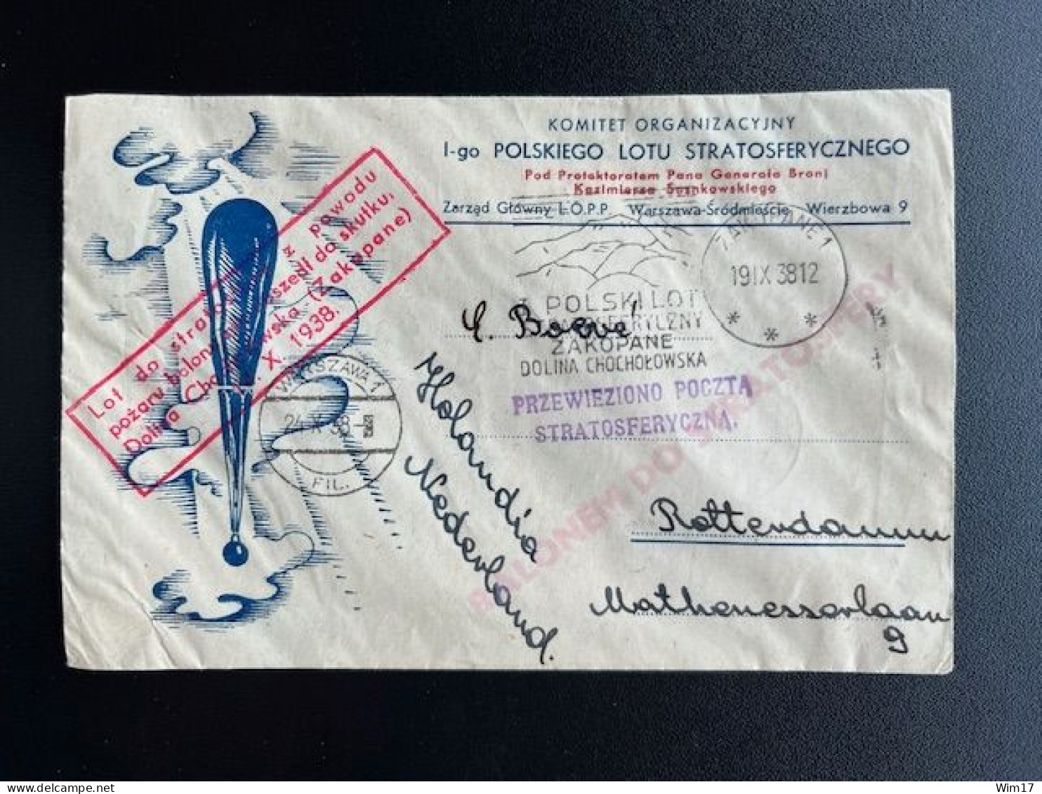 POLAND POLSKA 1938 LETTER TO ROTTERDAM FIRST POLISH BALLOON FLIGHT INTO THE STRATOSPHERE 19-09-1938 POLEN SPACE - Cartas & Documentos
