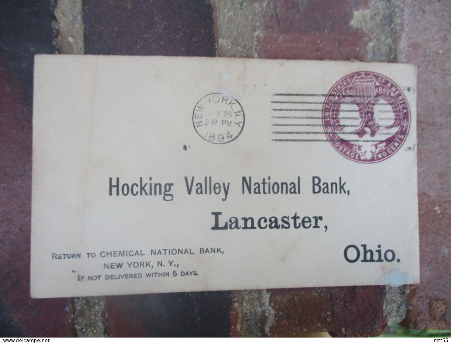 REPIQUAGE HOCKING VALLEY BANK LANCASTER OHIO ENTIER POSTAL STATIONERY CARD POSTAGE TWO CENT 1894 - ...-1900