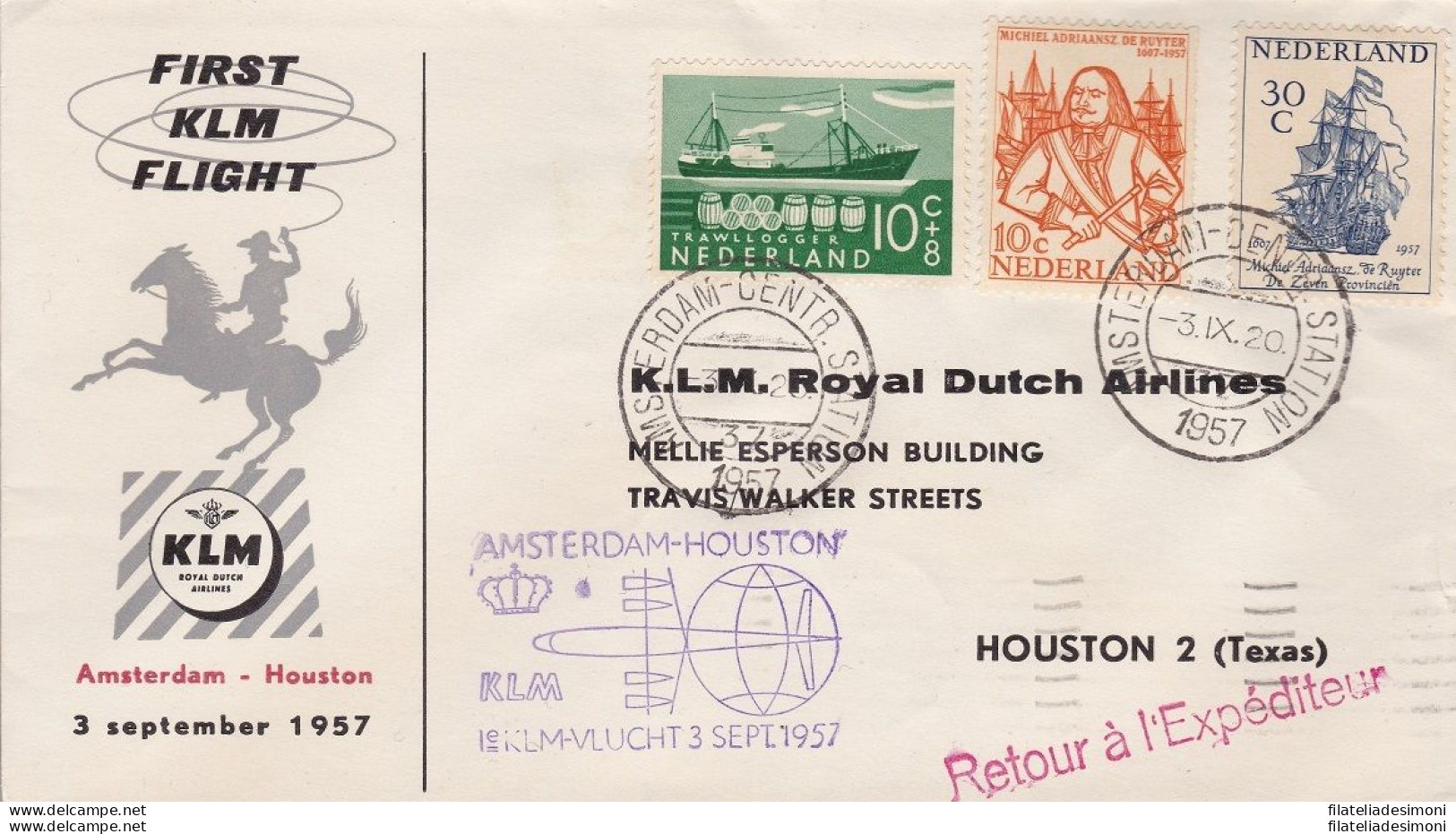 1957 OLANDA/NEDERLAND - KLM FIRST FLIGHT AMSTERDAM-HOUSTON - Europa