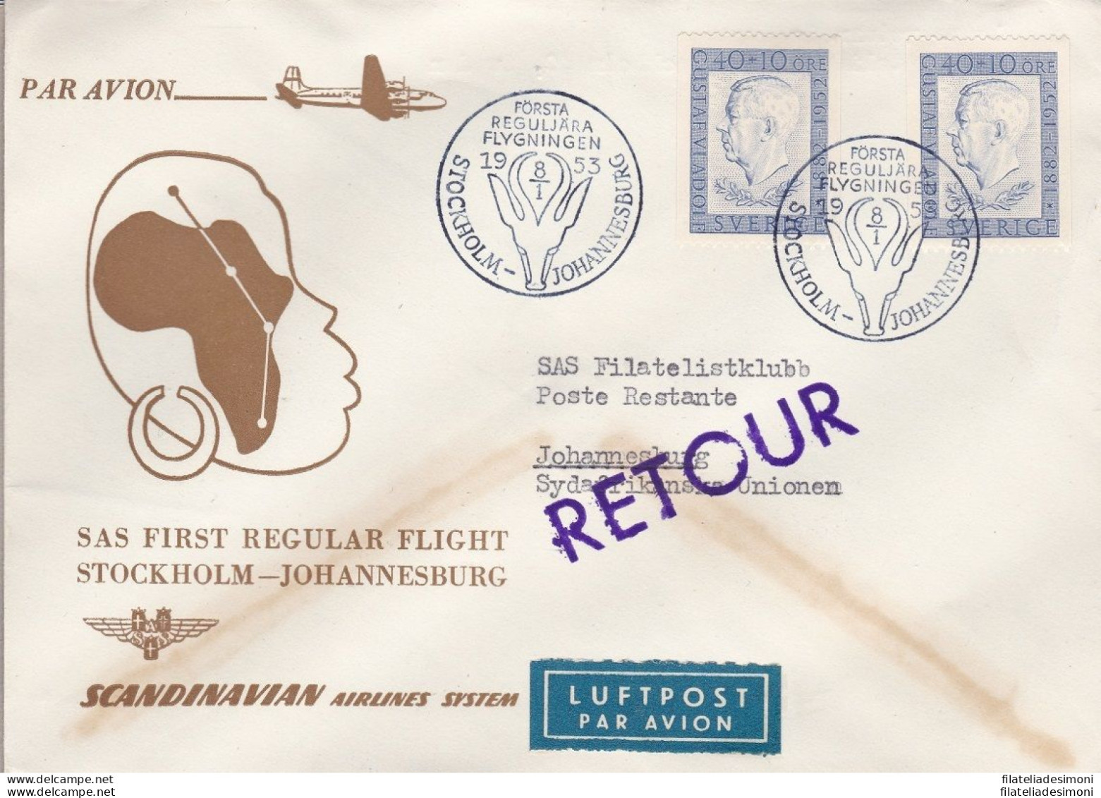 1953 SVEZIA/SVERIGE - SAS FIRST FLIGHT STOCKHOLM-JOHANNESBURG - Europa