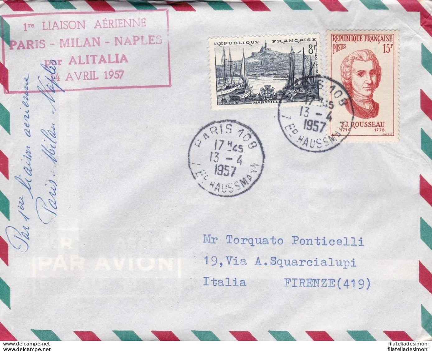 1957 FRANCIA - ALITALIA - Primo Volo PARIS-MILANO-NAPOLI - Europa