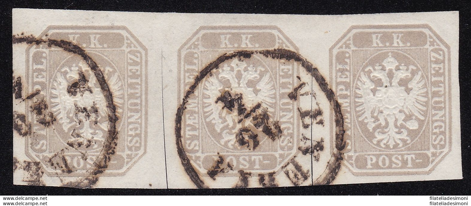 1863 LOMBARDO VENETO, G 11a (1,05 Kr.) Grigio Lillaceo Bruno STRISCIA DI 3 USATA - Lombardy-Venetia