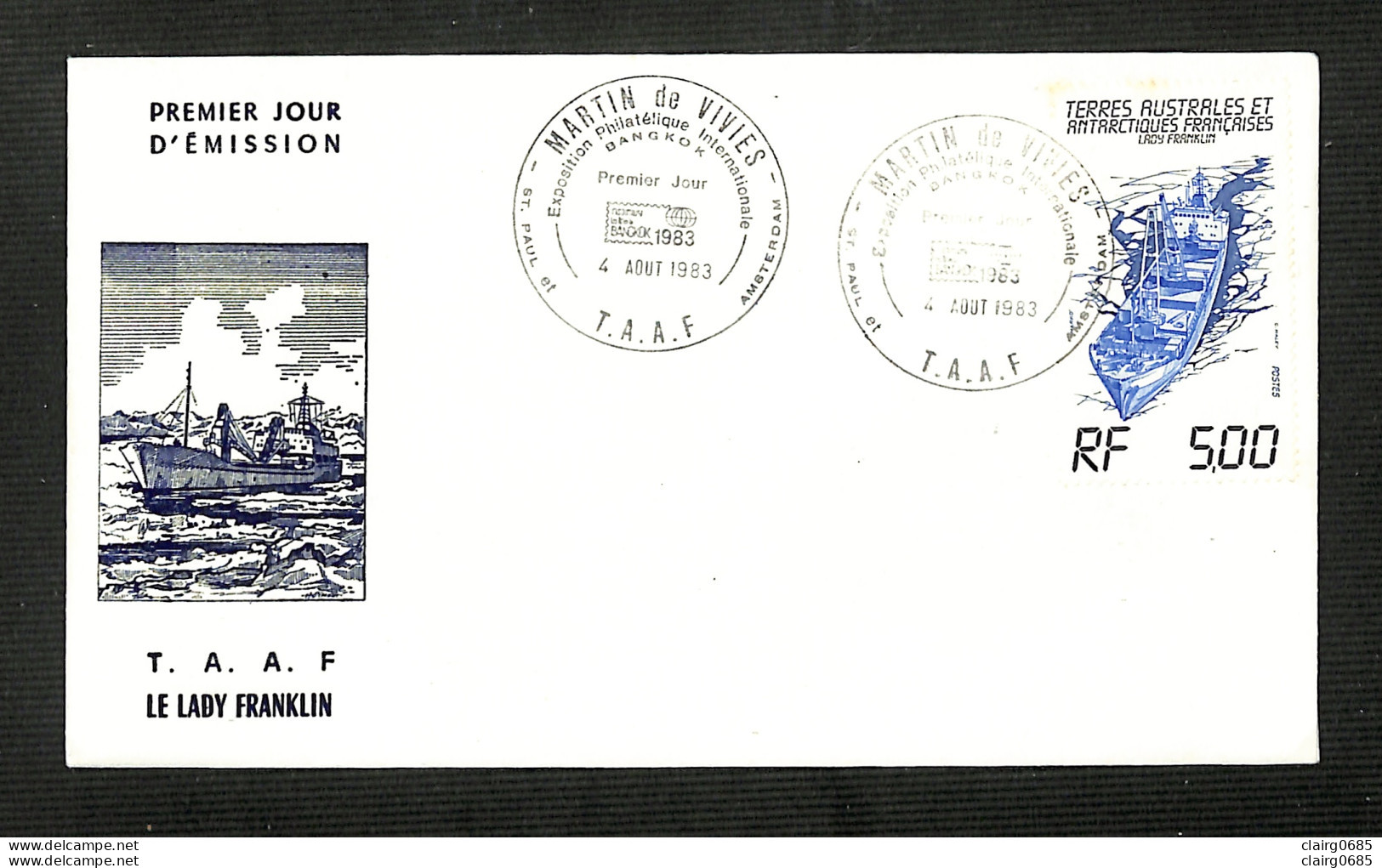 ENVELOPPE PREMIER JOUR - TERRES AUSTRALES ET ANTARCTIQUES FRANÇAISES (T.A.A.F.) - LE LADY FRANKLIN - 1983 - FDC