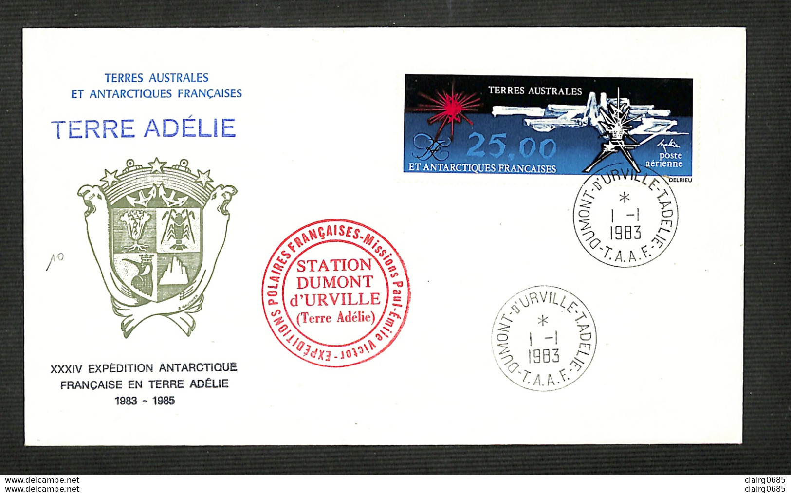 ENVELOPPE PREMIER JOUR - TERRES AUSTRALES ET ANTARCTIQUES FRANÇAISES (T.A.A.F.) - Station DUMONT D'URVILLE - 1983 - FDC