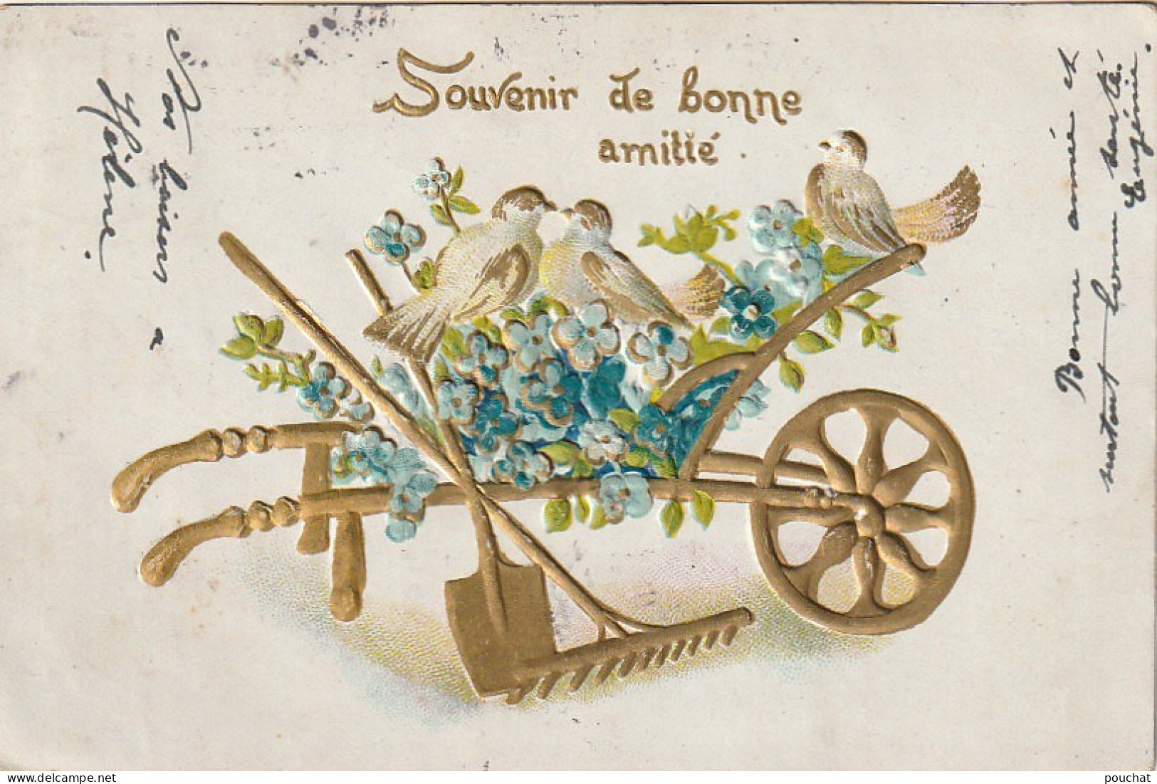 PE 20 - " SOUVENIR DE LA BONNE AMITIE " - CARTE  FANTAISIE GAUFREE - BROUETTE DOREE AVEC OISEAUX , RATEAU   - 2 SCANS - Andere & Zonder Classificatie