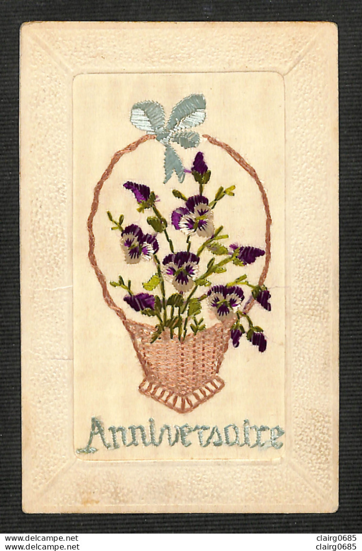 FANTAISIE - CARTE BRODÉE - ANNIVERSAIRE - Corbeille De Fleurs - 1918 - Embroidered