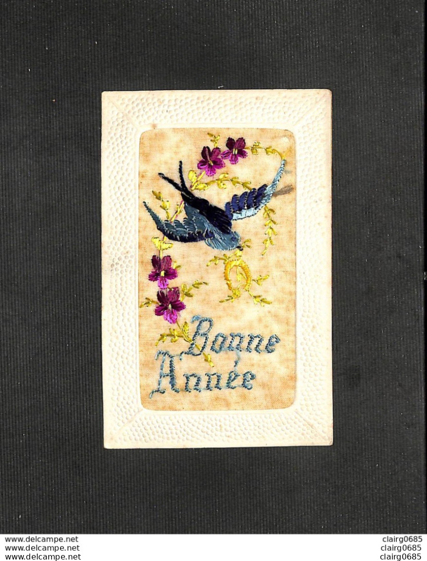 FANTAISIE - CARTE BRODÉE - BONNE ANNÉE - Oiseau - Fleurs - Brodées