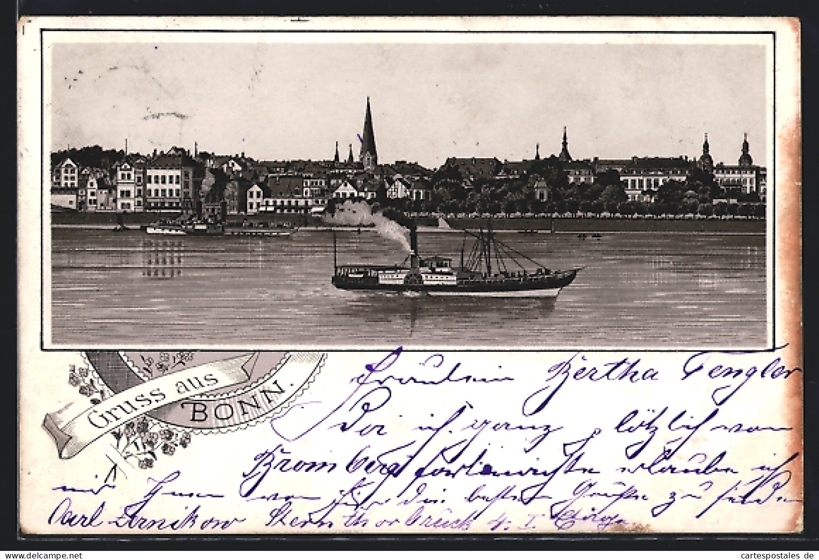 Vorläufer-Lithographie Bonn, 1890, Rhein-Dampfer Passieren Die Stadt  - Bonn