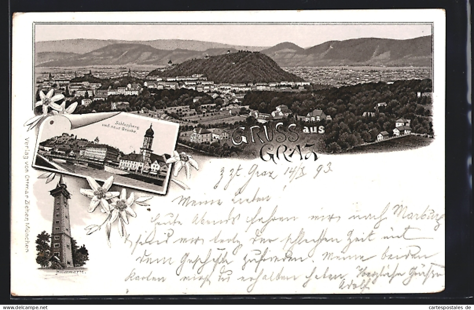 Vorläufer-Lithographie Graz, 1893, Schlossberg Und Neue Brücke, Hilmwarte, Panorama  - Other & Unclassified