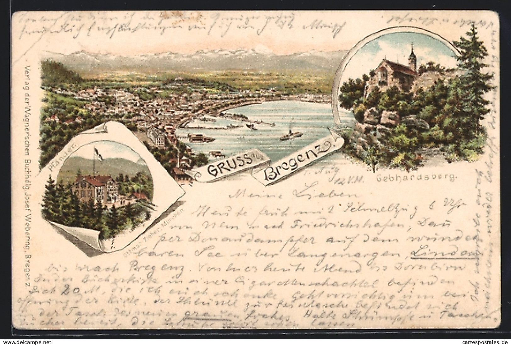 Vorläufer-Lithographie Bregenz, 1892, Gasthaus Pfänder, Gebhardsberg, Panorama  - Autres & Non Classés