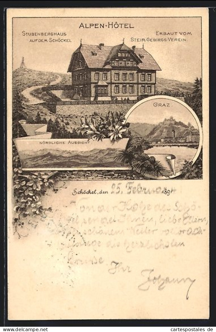 Vorläufer-Lithographie Graz, 1894, Alpen Hotel Stubenberghaus Auf Dem Schöckel, Panorama Mit Schlossberg  - Other & Unclassified