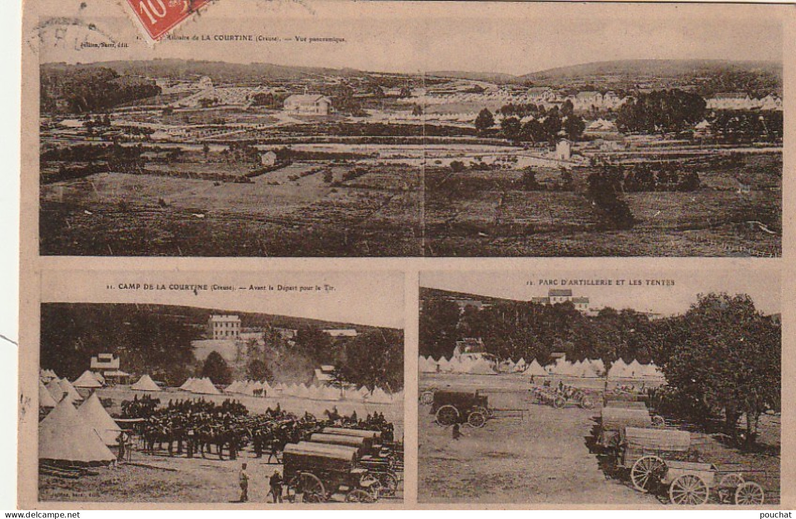 PE 24 -(23) CAMP DE LA COURTINE - CARTE MULTIVUES : PARC D' ARTILLERIE , AVANT LE DEPART POUR LE TIR ... - 2 SCANS  - La Courtine