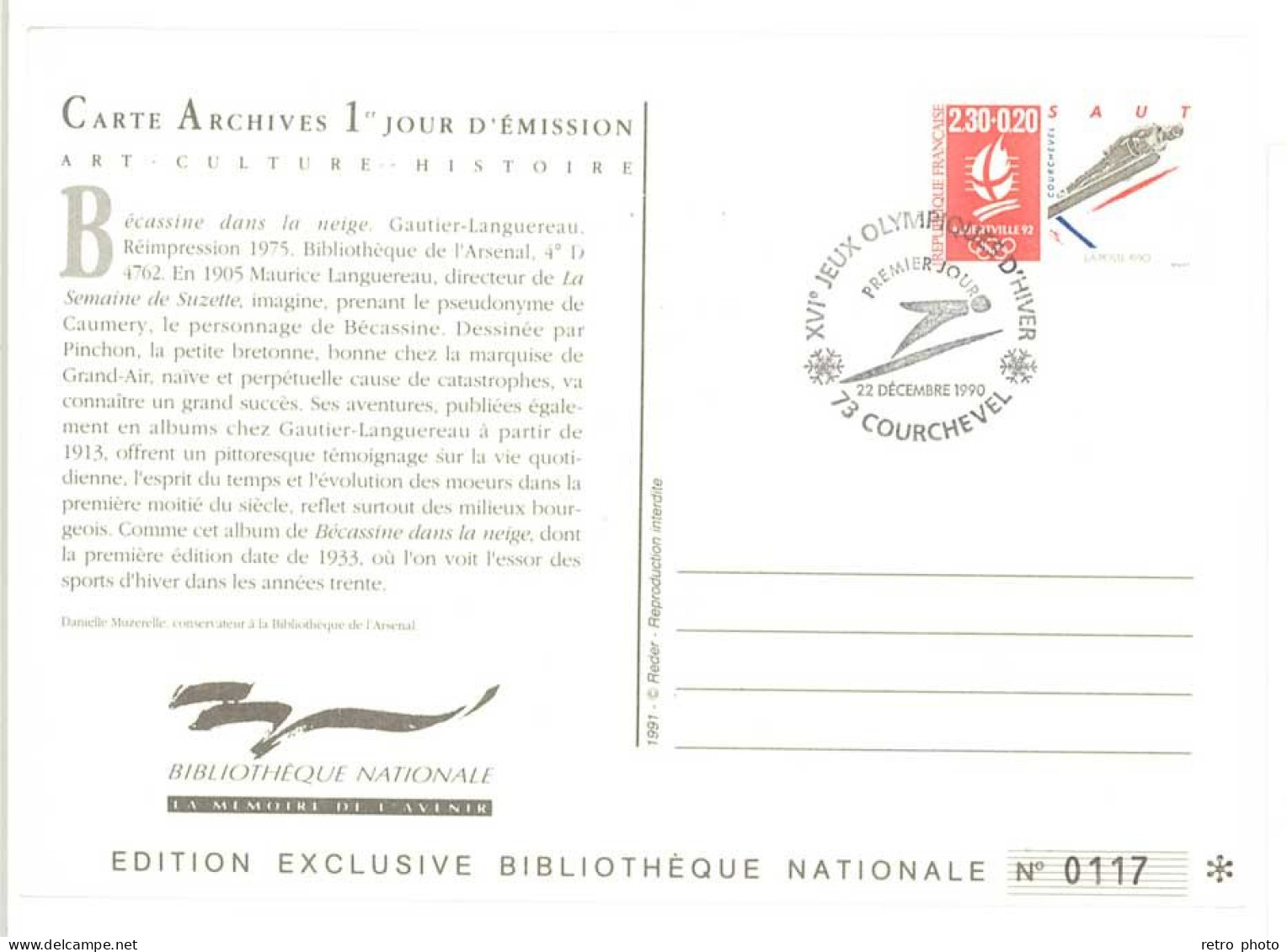 Cpm Carte Archives 1er Jour D'Emission - Bécassine Dans La Neige ( Tirage Limité )  (PHIL) - Andere & Zonder Classificatie