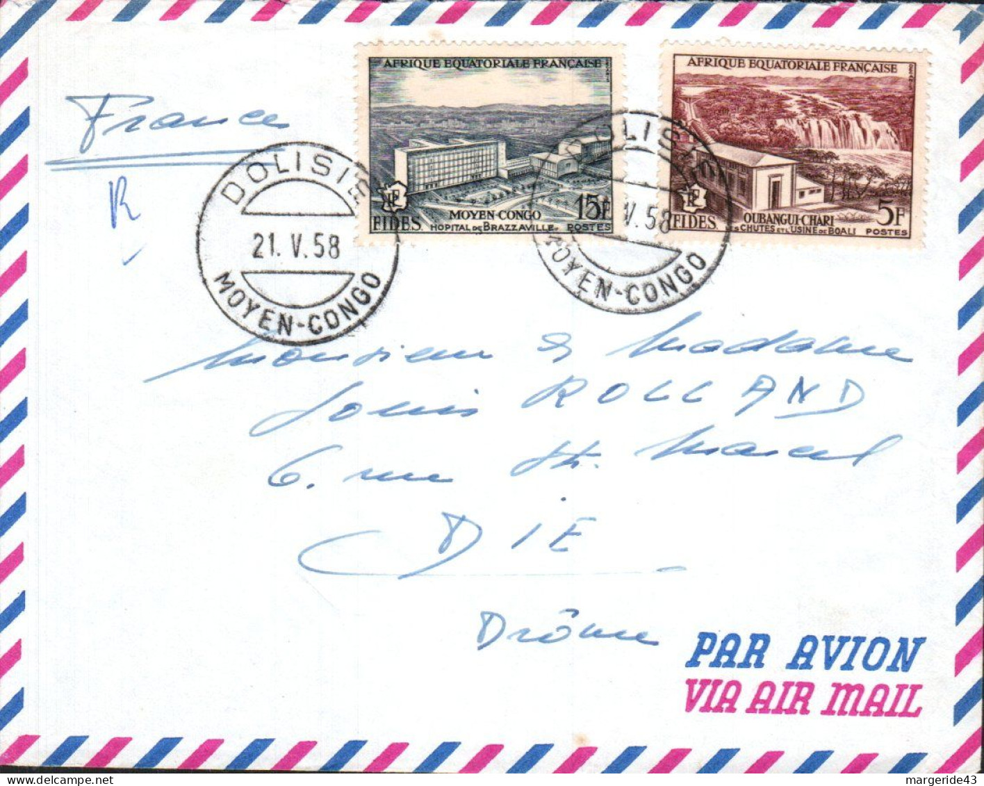 A E F AFFRANCHISSEMENT COMPOSE SUR LETTRE DE DOLISIE POUR LA FRANCE 1958 - Covers & Documents