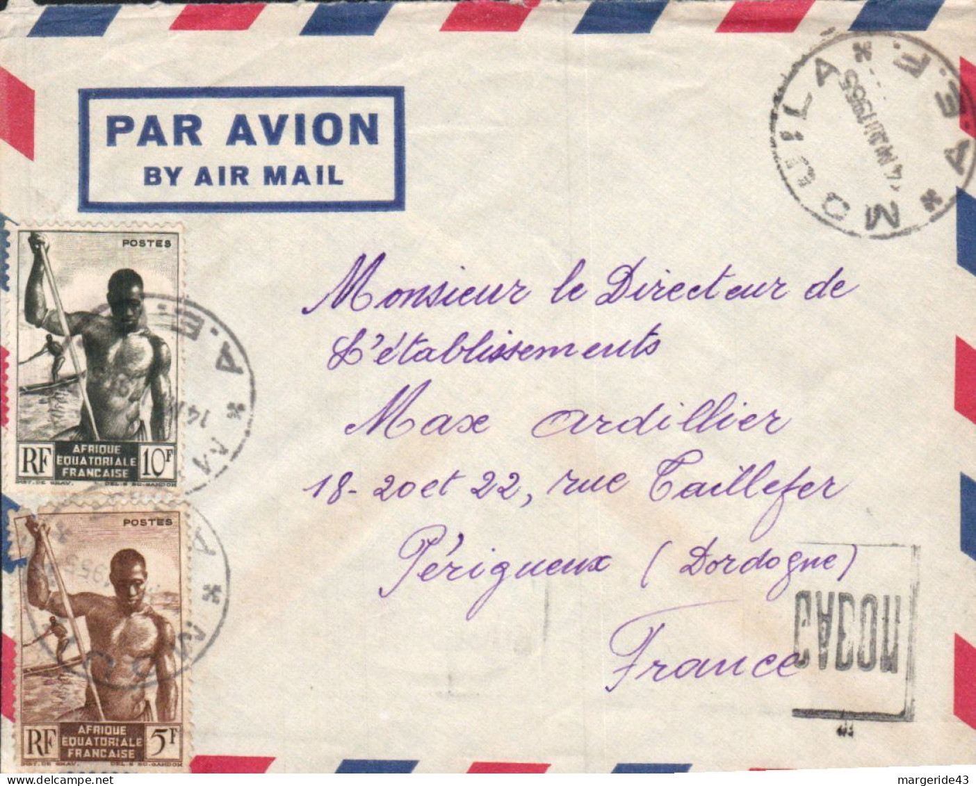 A E F AFFRANCHISSEMENT COMPOSE SUR LETTRE DE MOUILA POUR LA FRANCE 1955 - Brieven En Documenten