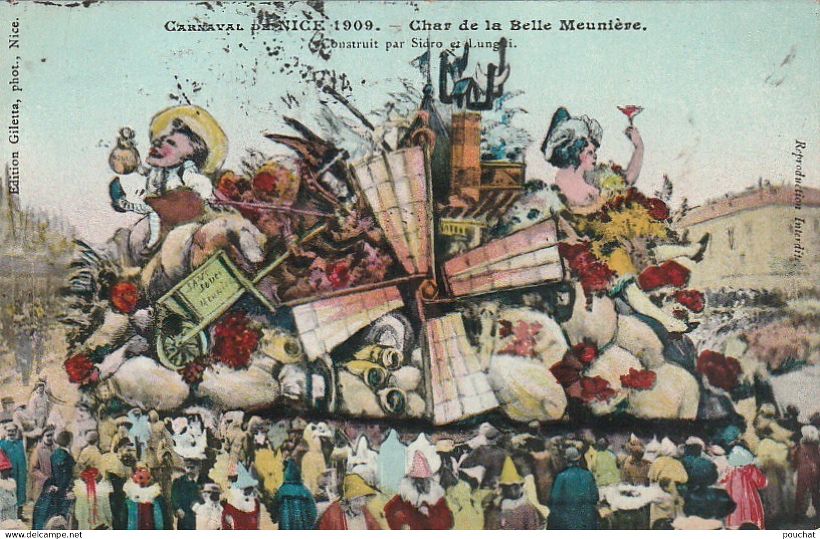 OP Nw31-(06) CARNAVAL DE NICE 1909 - CHAR DE LA BELLE MEUNIERE - MOULIN - CARTE COLORISEE - 2 SCANS - Carnaval