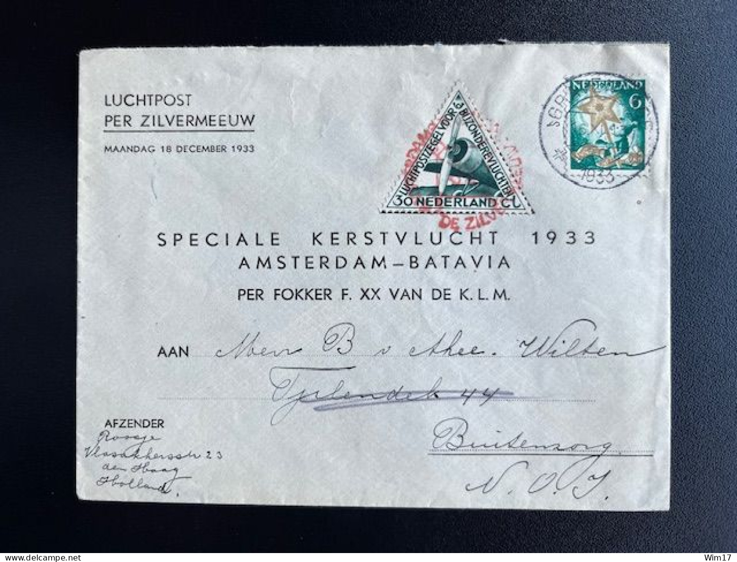 NETHERLANDS 1933 AIR MAIL LETTER 'S GRAVENHAGE TO BUITENZORG 16-12-1933 NEDERLAND PER ZILVERMEEUW KERSTVLUCHT - Cartas & Documentos