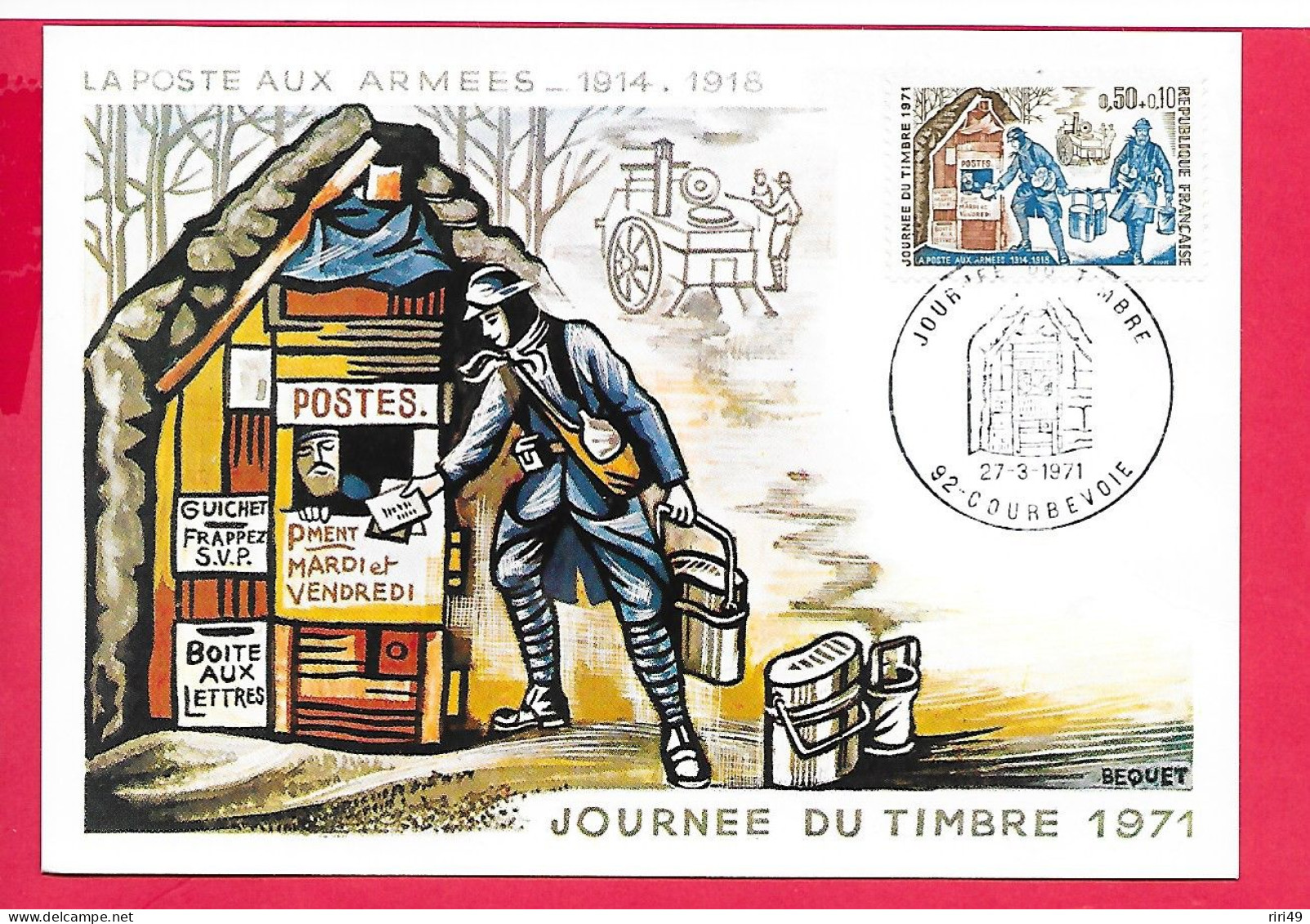 Carte Premier Jour 1971, Journée Du Timbre 1971, La Poste Aux Armées, D'après Béquet, Dos Vierge, Carte Maximum - 1970-1979